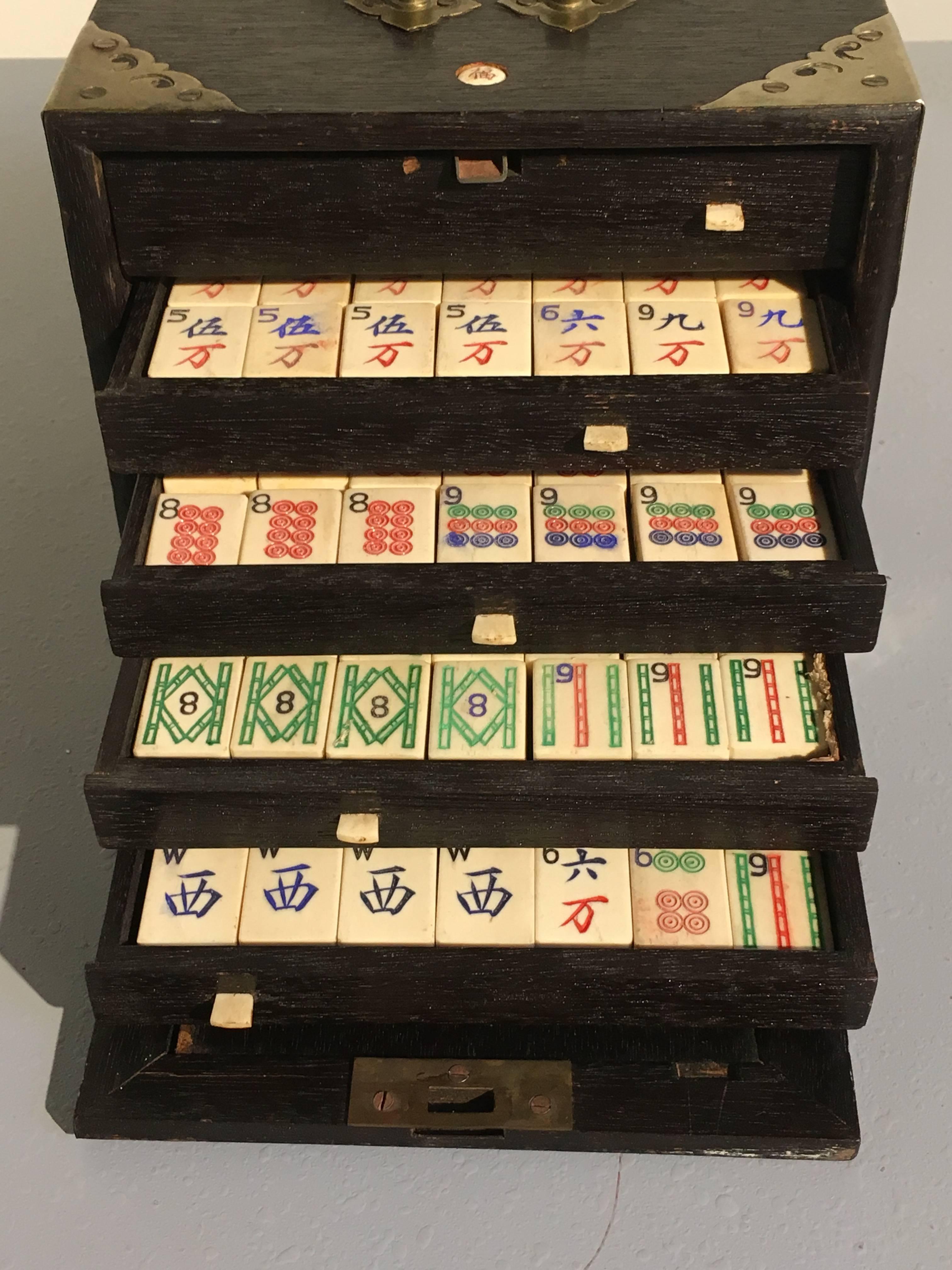 Hand-Carved Antique Chinese Mahjong Set in Hardwood Case with Bone and Bamboo Tiles
