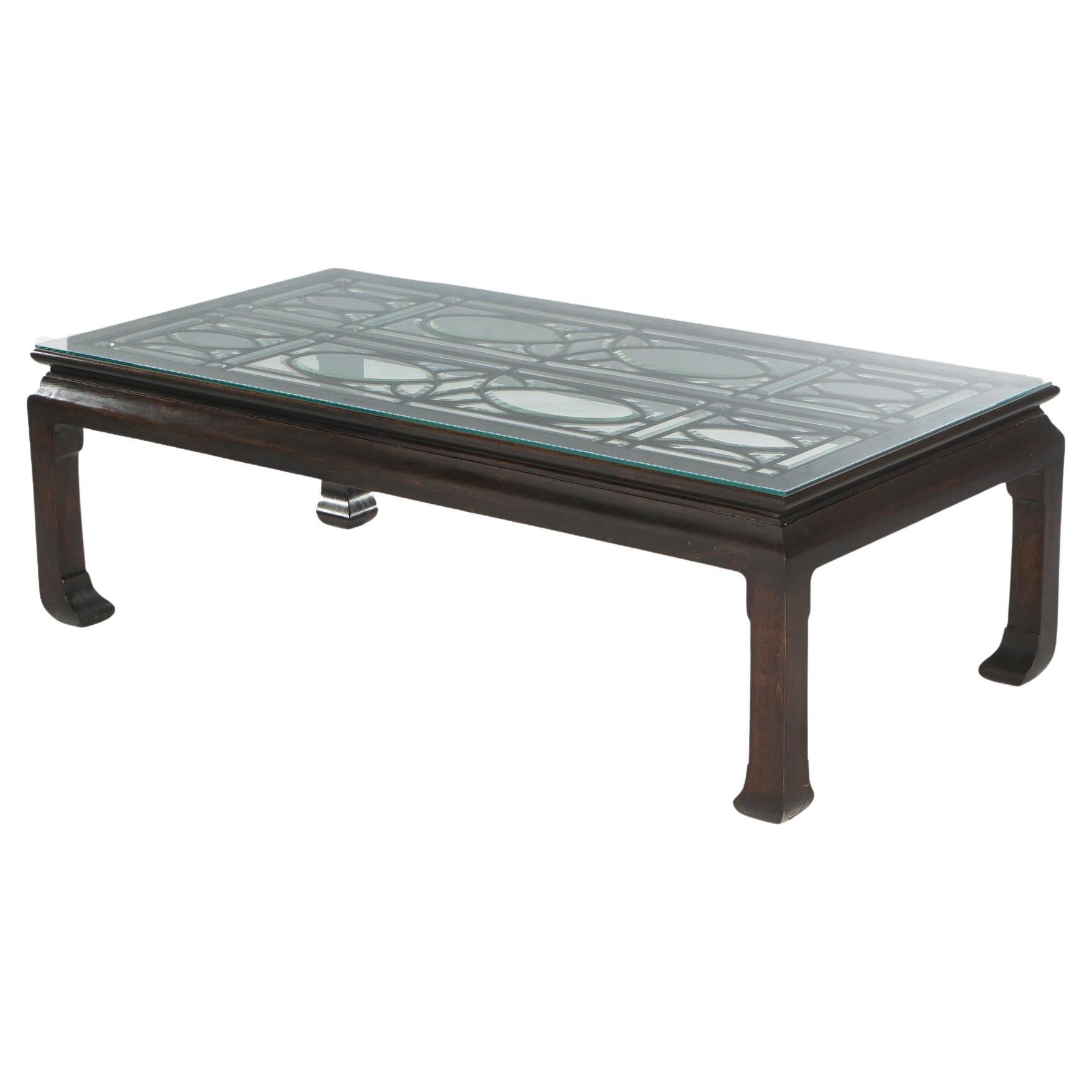 Antique Chinese Mahogany Coffee Table with Leaded Beveled Glass Top C1920