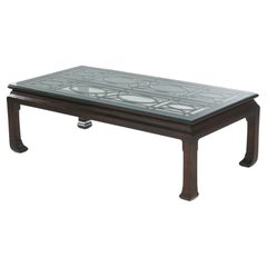 Antique Chinese Mahogany Coffee Table with Leaded Beveled Glass Top C1920
