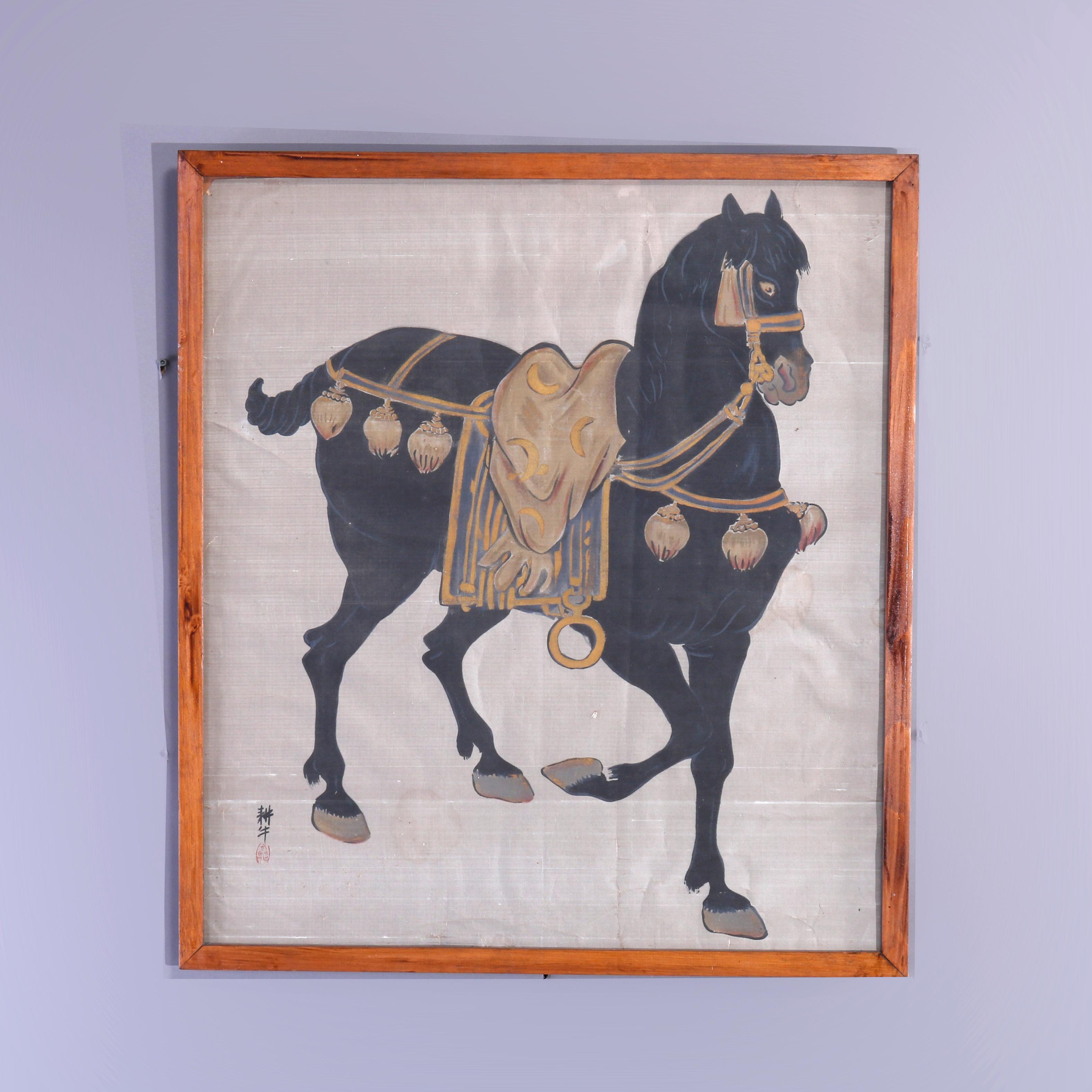 An antique Chinese Mandarin painting offers watercolor on silk portrait of a horse, signed lower left, framed, 19th century

Measures - 34''h x 30.25''w x 1.5''d; sight: 27.5'' x 31.5''.