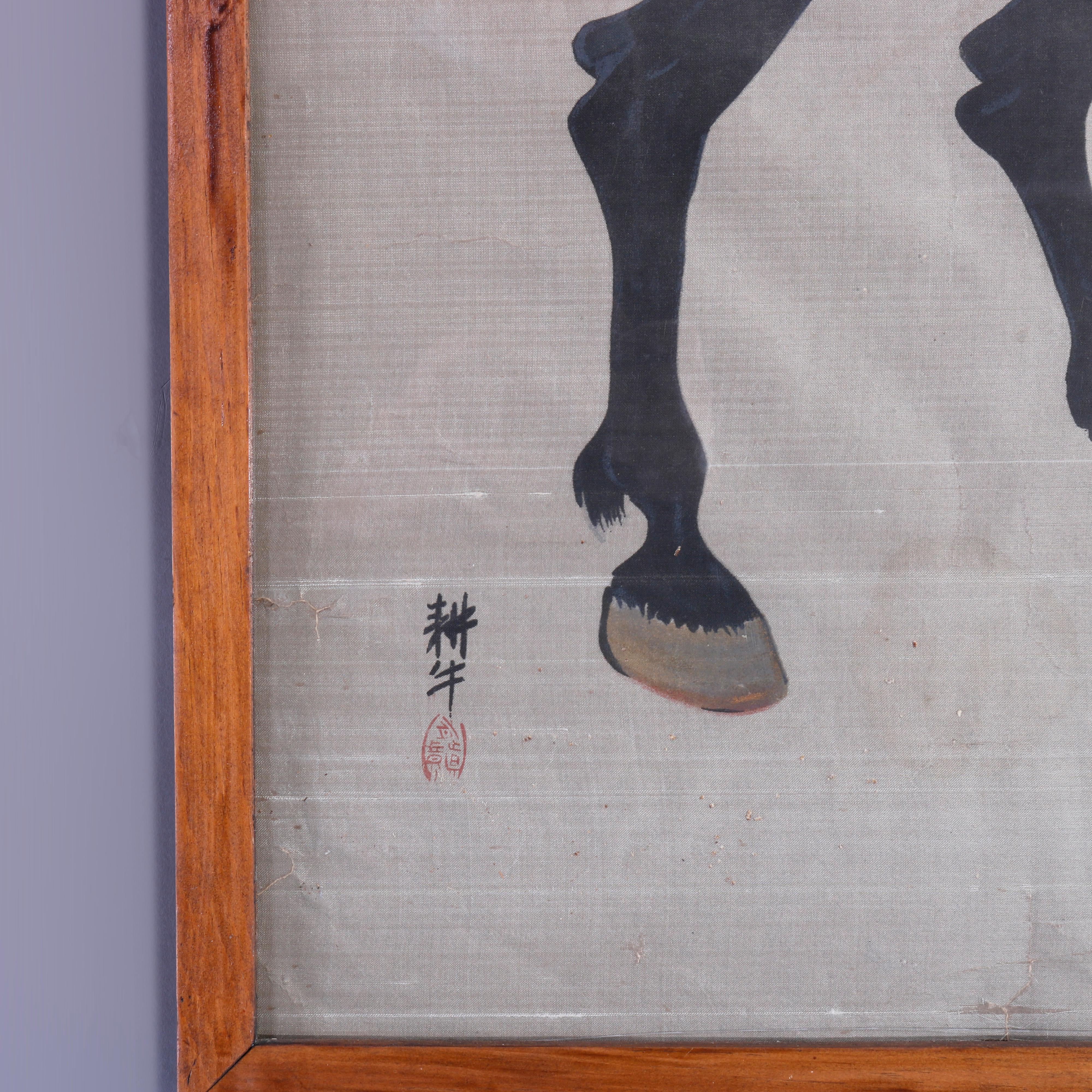 Antique Chinese Mandarin Portrait of a Horse, Watercolor on Silk, Signed, 19th C In Good Condition In Big Flats, NY