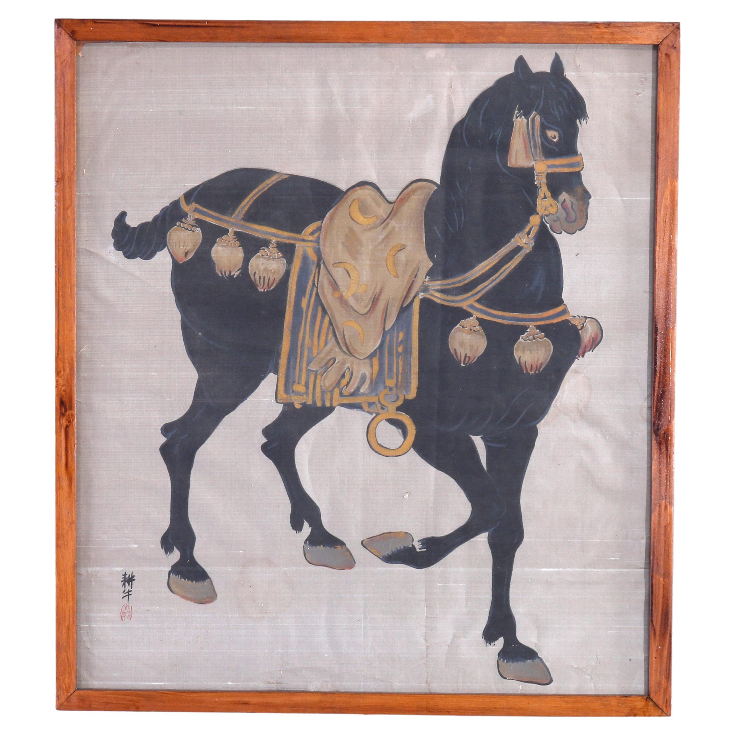Antique Chinese Mandarin Portrait of a Horse, Watercolor on Silk, Signed, 19th C