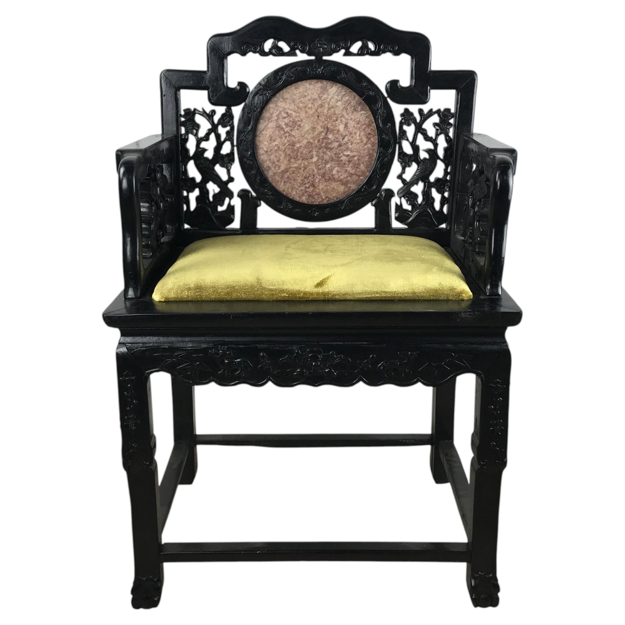 Silla china antigua con medallón de mármol, de la dinastía Ming o Qing, de palisandro tallado