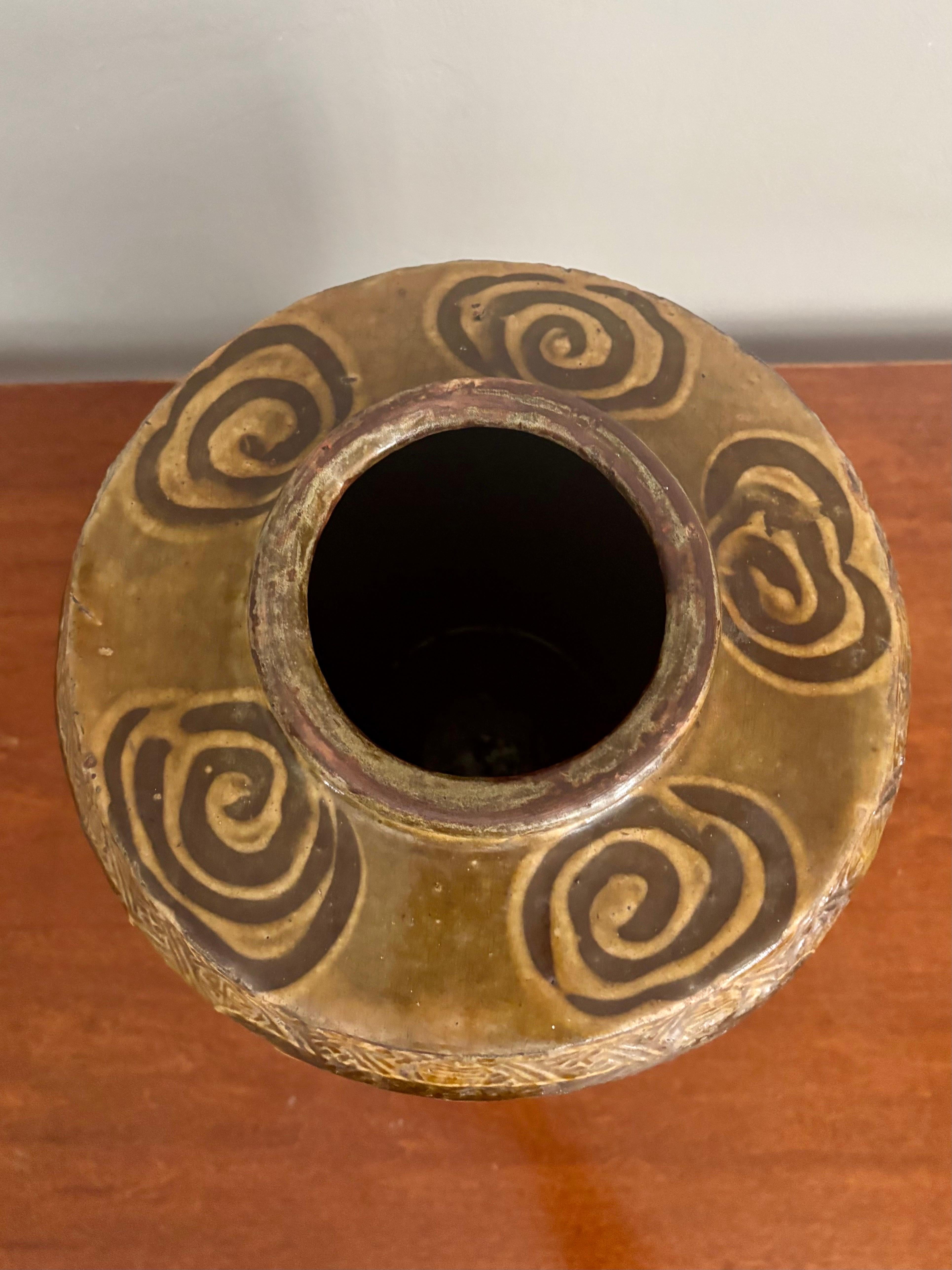 Terracotta Antique Chinese Martaban Jar Olive Glaze and Hand Painted, 19th century For Sale