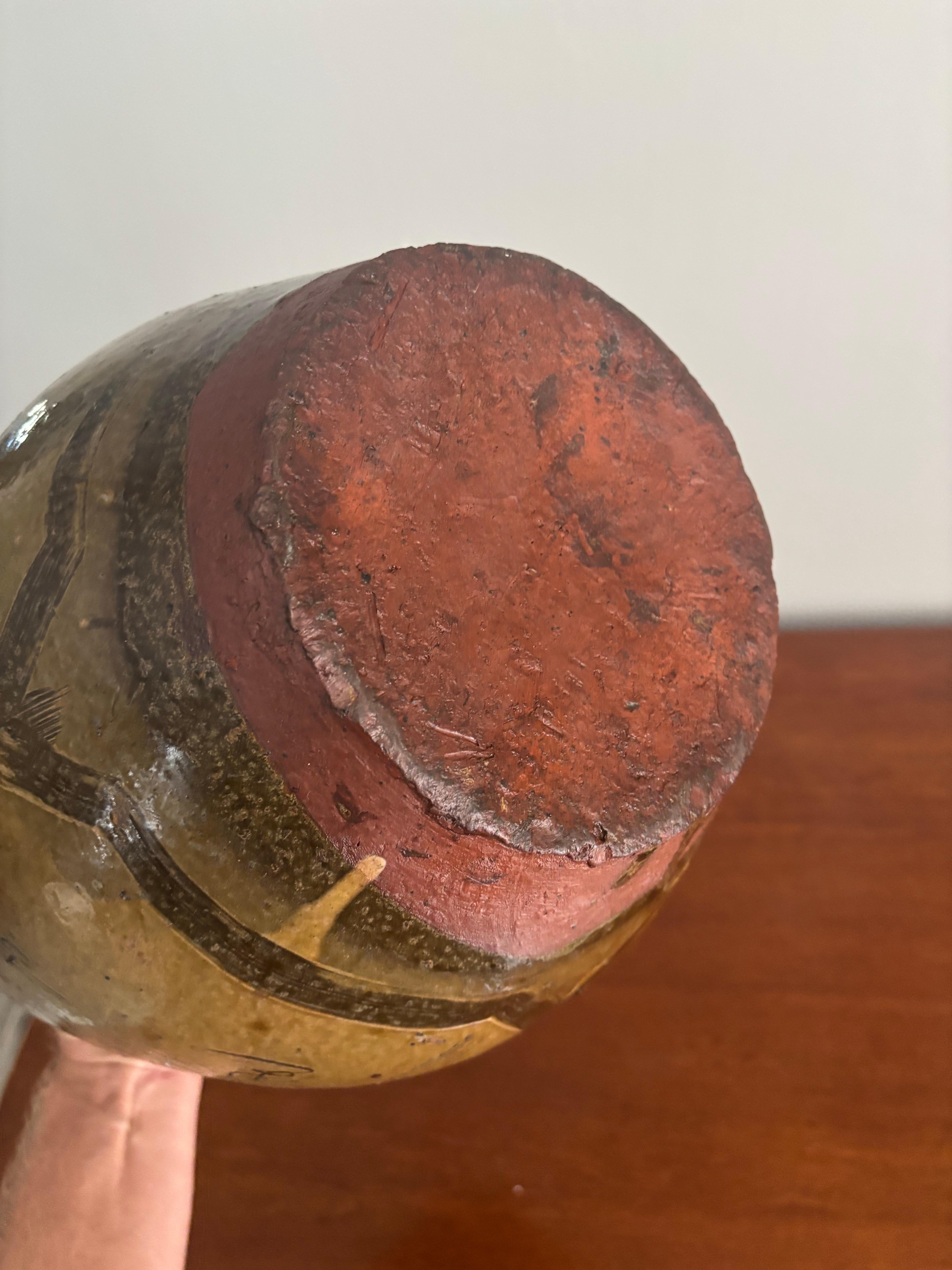 Antique Chinese Martaban Jar Olive Glaze and Hand Painted, 19th century For Sale 3