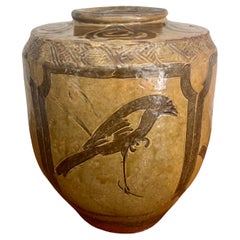 Pot Martaban chinois ancien vernissé d'olivier et peint à la main, 19e siècle