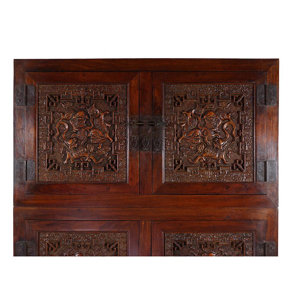 20th Century Antique Chinese Massive Carved Camphor Wood Compound Cabinet, Wardrobe For Sale