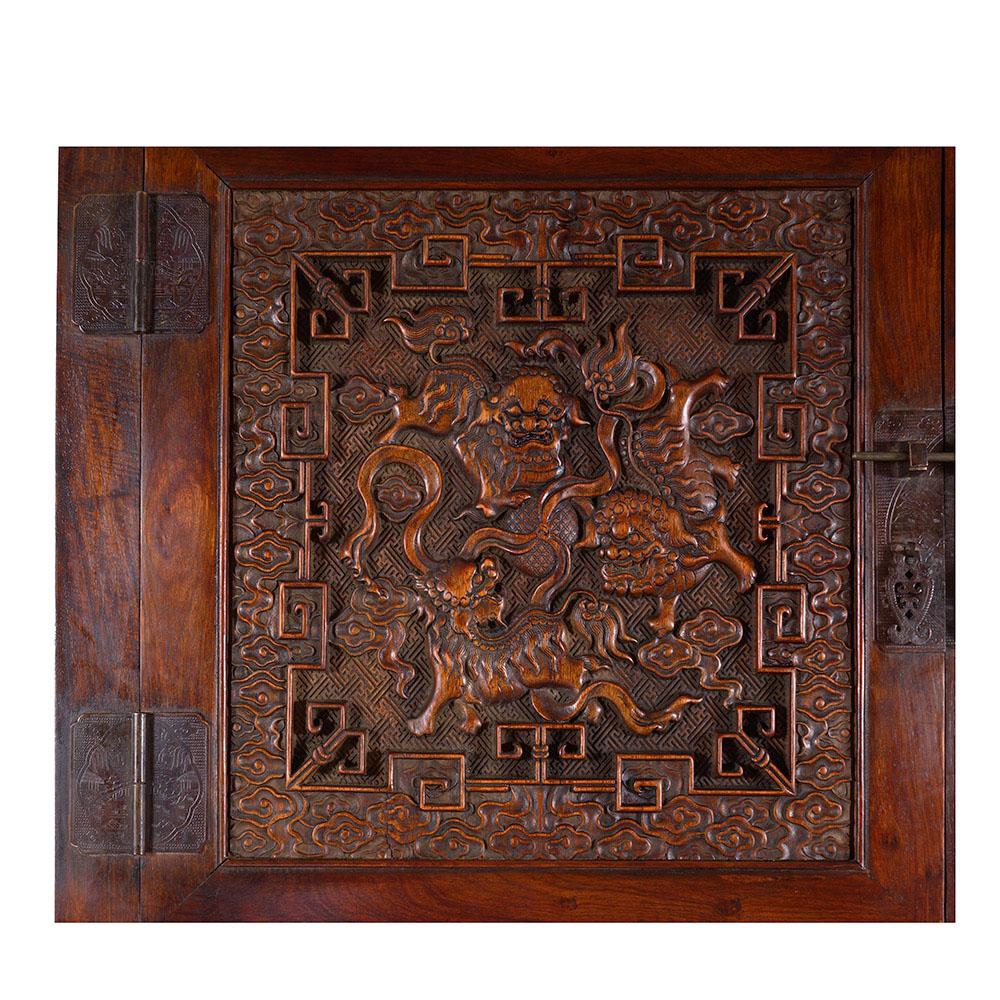 Antique Chinese Massive Carved Camphor Wood Compound Cabinet, Wardrobe In Good Condition For Sale In Pomona, CA