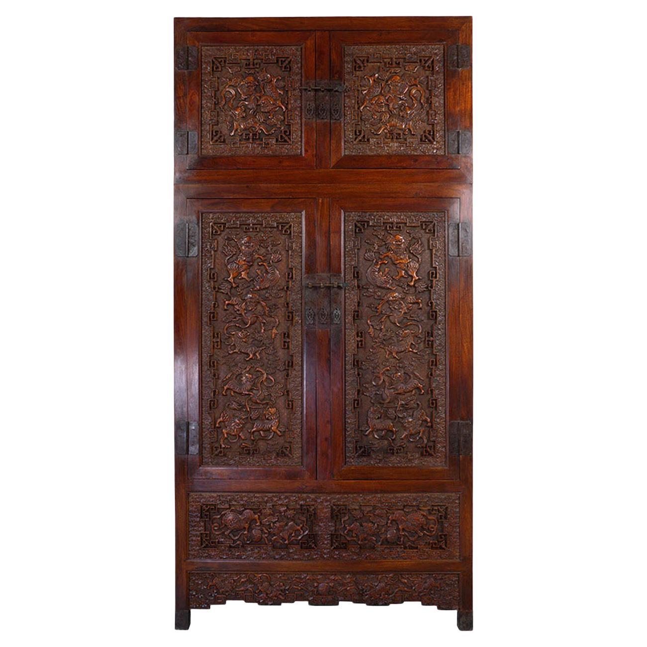 Antique Chinese Massive Carved Camphor Wood Compound Cabinet, Wardrobe For Sale