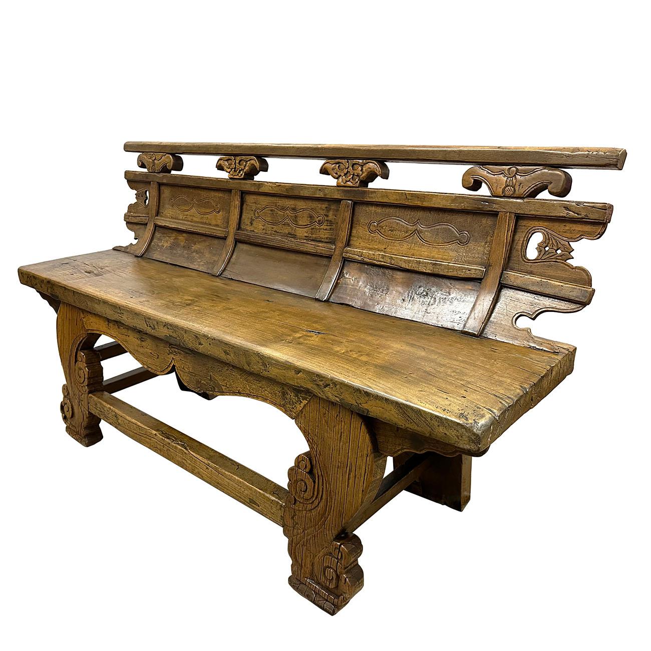 Look at this gorgeous Chinese Antique Massive Carved Country Style Love-seat. It has about 150 years history and still has its original condition, very smooth to touch, full of patina. It was made in Shan Xi, China with solid elm wood. Very solid,
