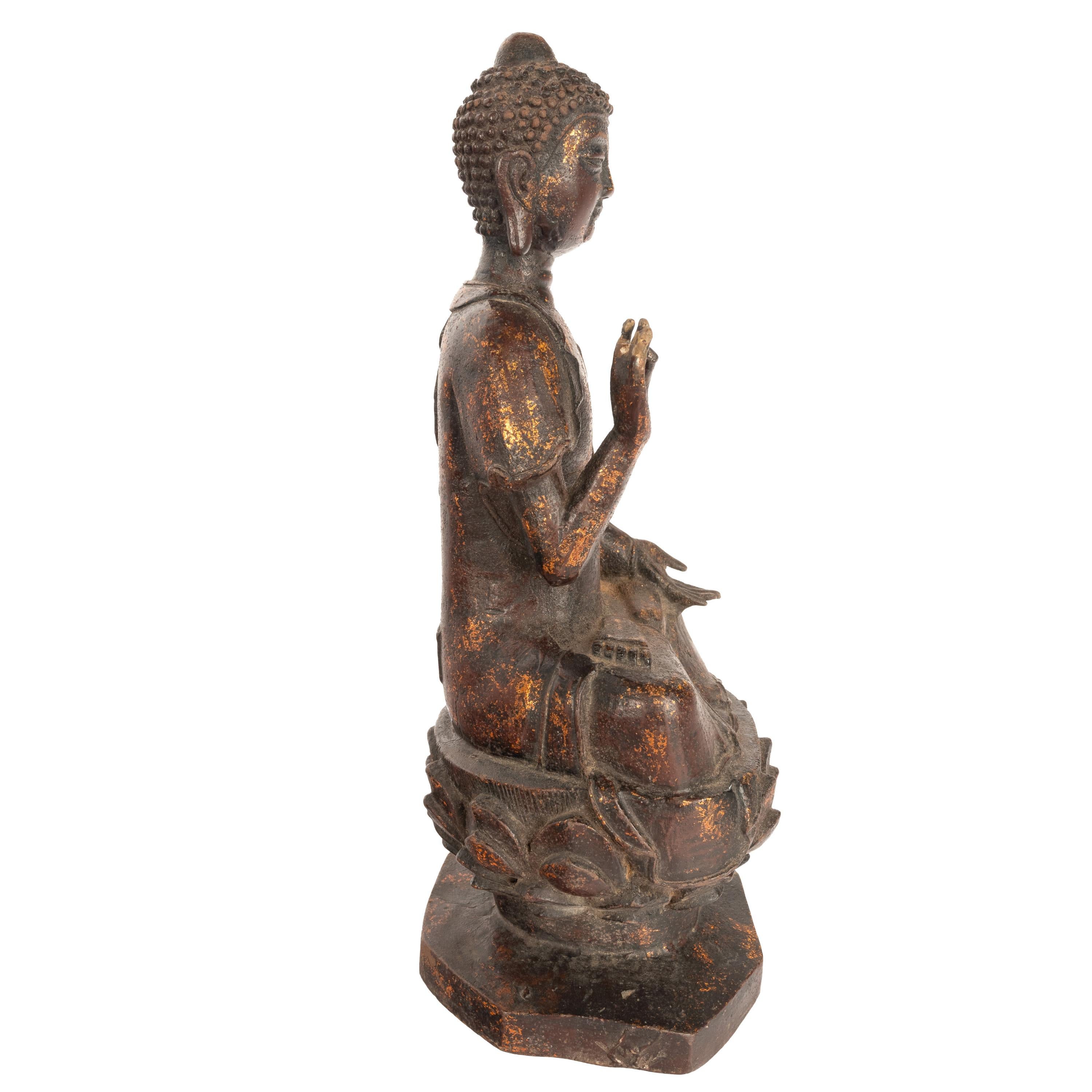 Antique Chinese Ming Dynasty Gilt Bronze Seated Protection Buddha Statue 1600 In Good Condition In Portland, OR