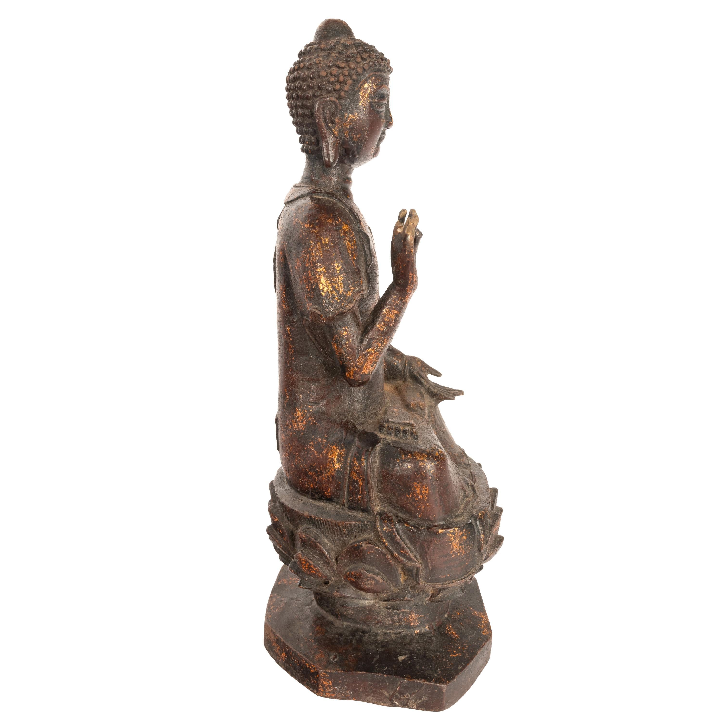 18th Century and Earlier Antique Chinese Ming Dynasty Gilt Bronze Seated Protection Buddha Statue 1600