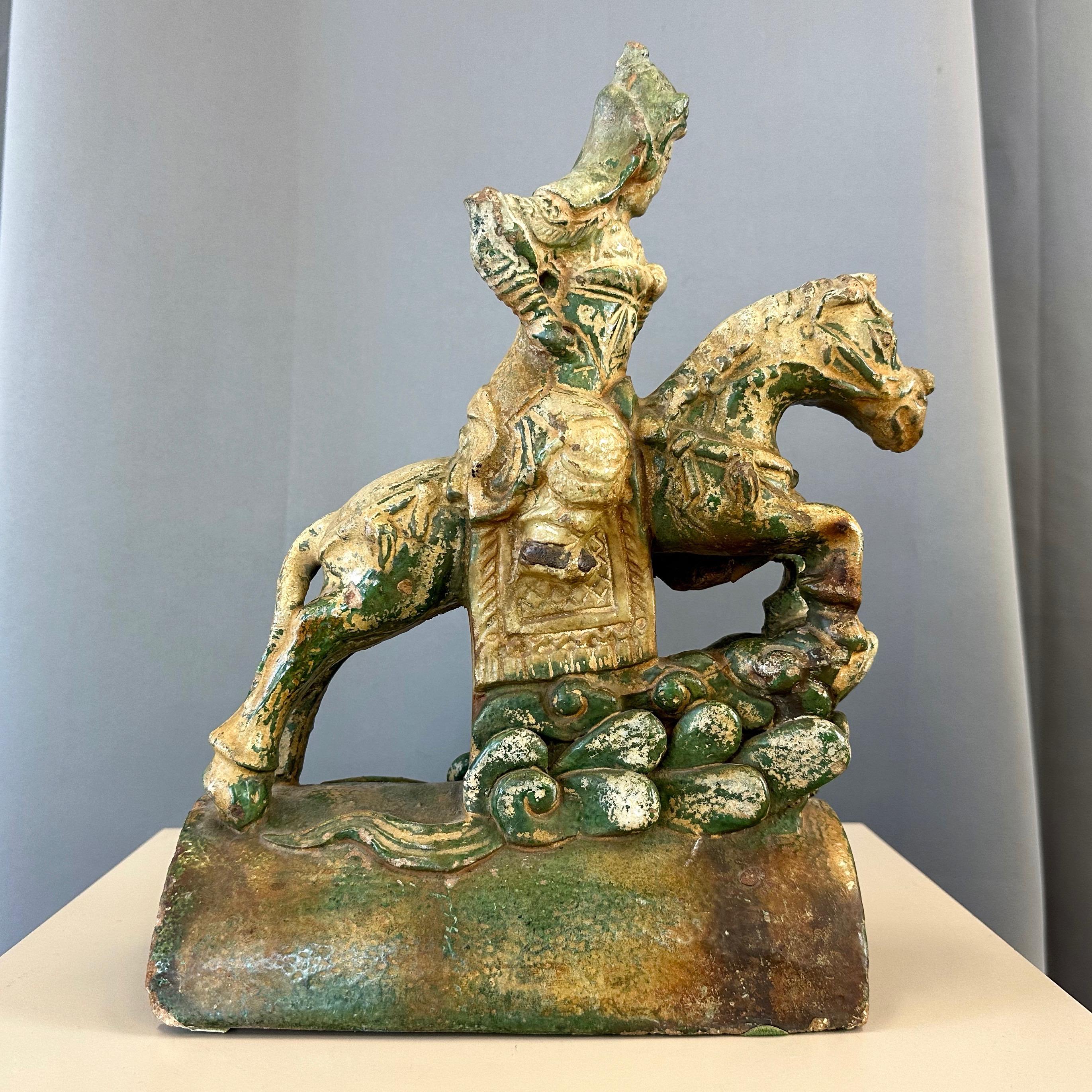 Antique Chinese Ming Dynasty-Style Equestrian Roof Tile, 18th C. In Good Condition For Sale In San Francisco, CA
