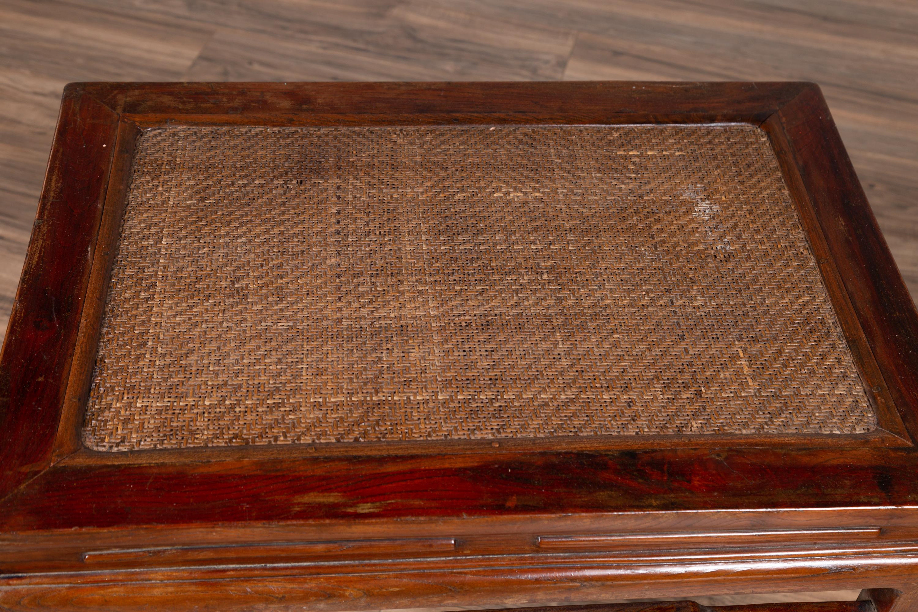 Antique Chinese Ming Dynasty Style Waisted Side Table with Woven Rattan Top For Sale 2