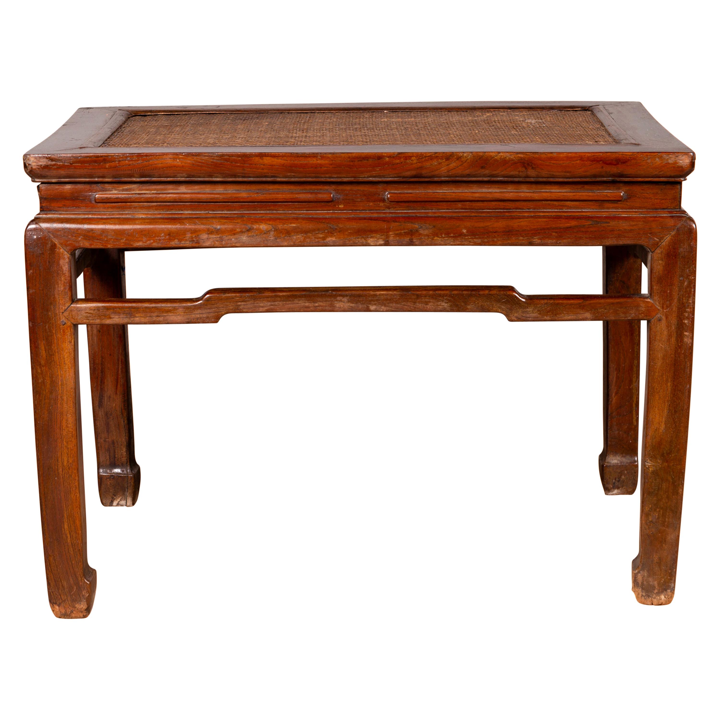 Antique Chinese Ming Dynasty Style Waisted Side Table with Woven Rattan Top For Sale