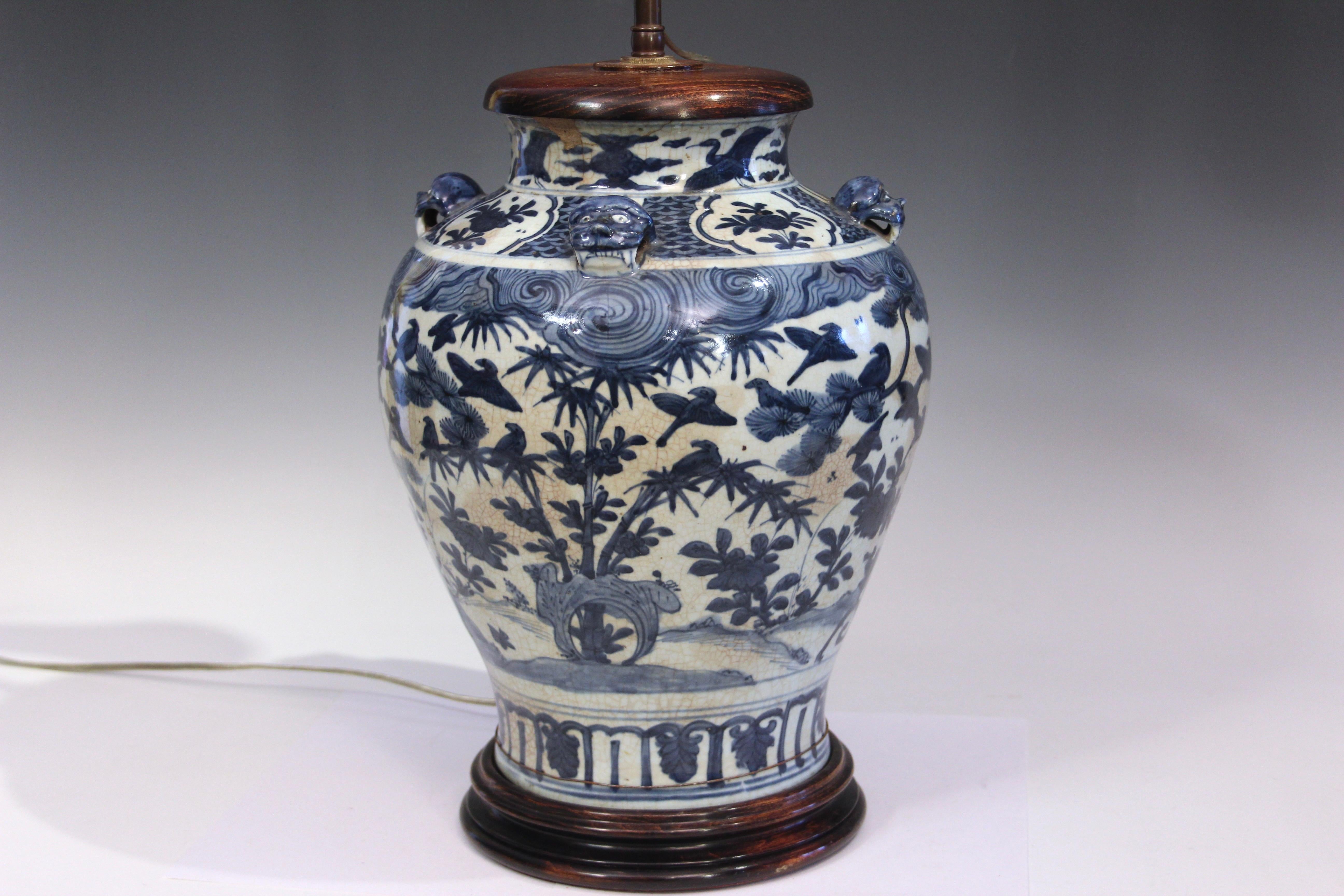 Hand-Painted Antique Chinese Ming Porcelain Blue & White Vase Lamp 17th Century
