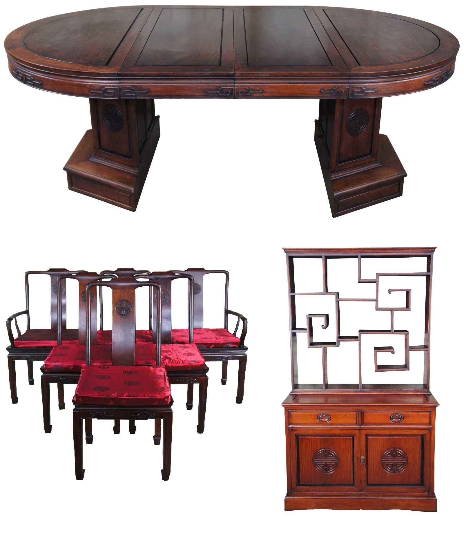 20th Century Antique Chinese Ming Rosewood Chinoiserie Dining Set Table Chairs Etagere Curio