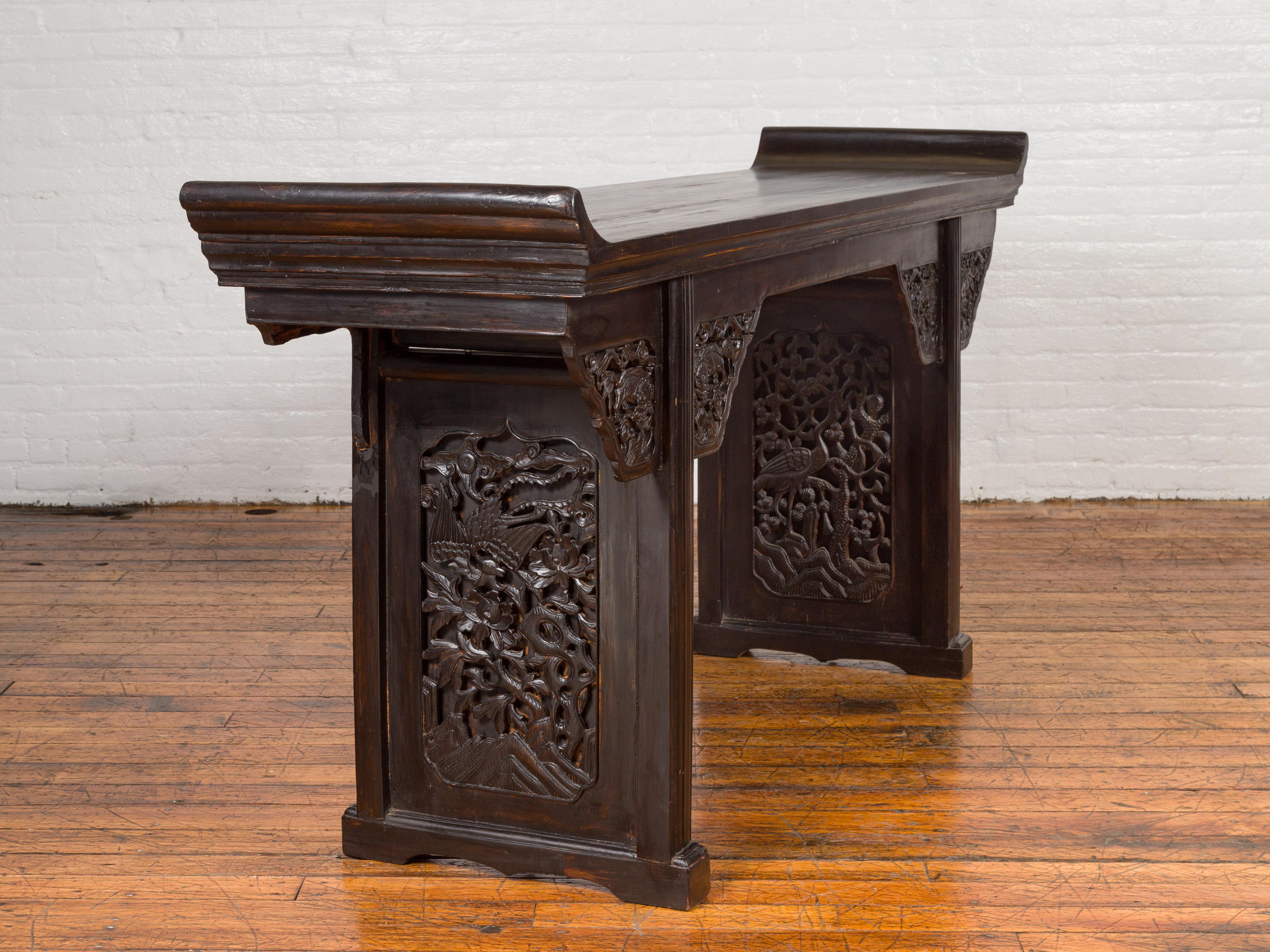 Antique Chinese Ming Style Altar Table with Carved Apron and Black Patina For Sale 3