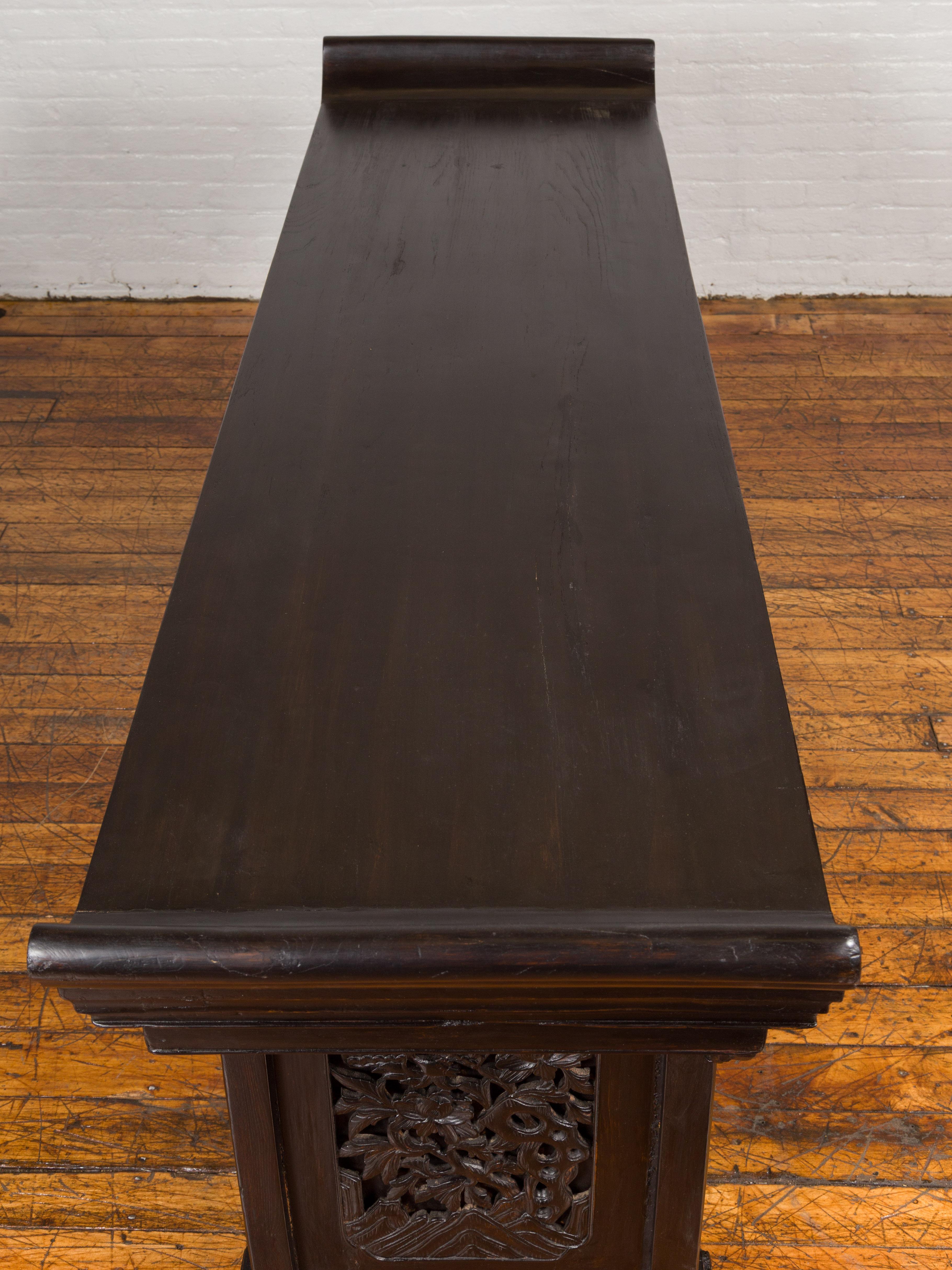 Antique Chinese Ming Style Altar Table with Carved Apron and Black Patina For Sale 5