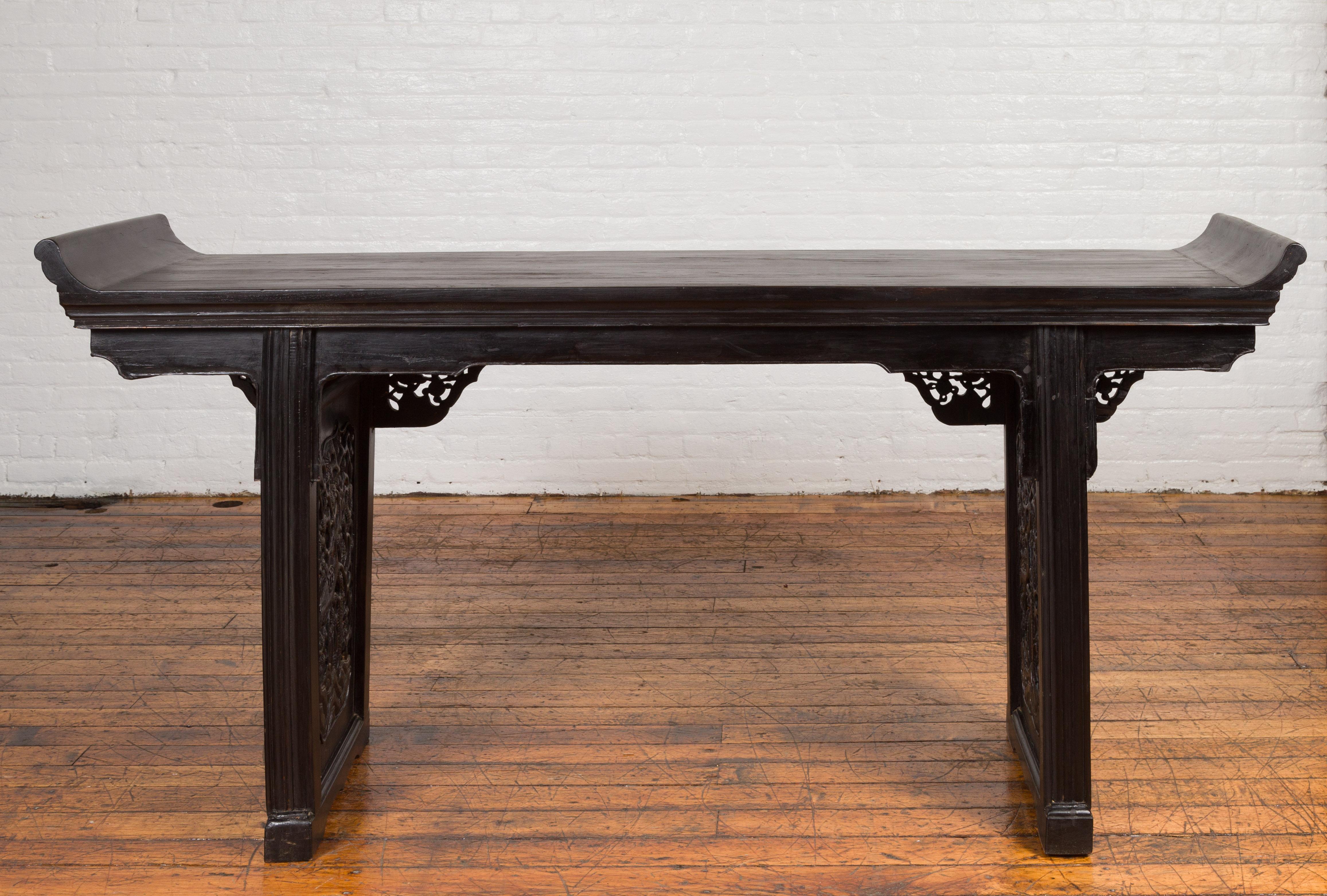 Antique Chinese Ming Style Altar Table with Carved Apron and Black Patina 7