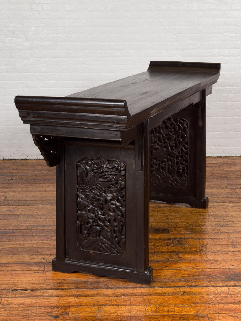 Antique Chinese Ming Style Altar Table with Carved Apron and Black Patina For Sale 11