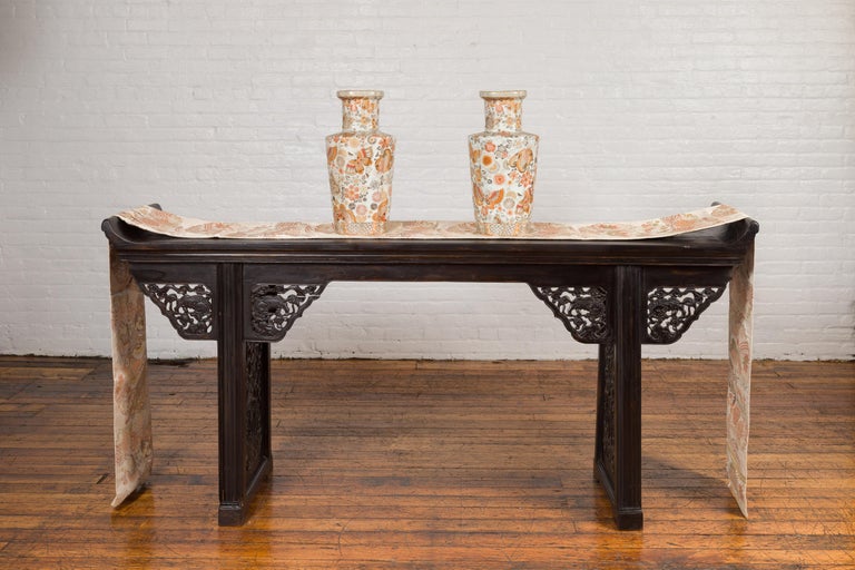 Antique Chinese Ming Style Altar Table with Carved Apron and Black Patina In Good Condition For Sale In Yonkers, NY