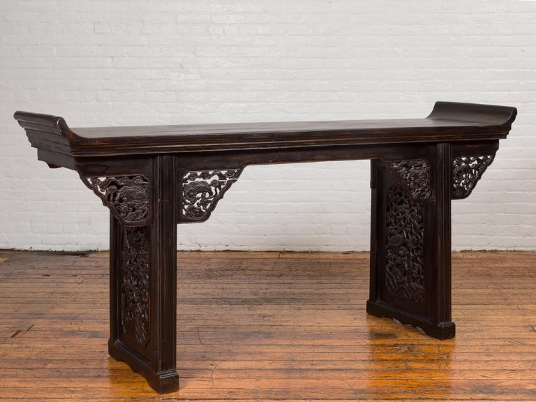 19th Century Antique Chinese Ming Style Altar Table with Carved Apron and Black Patina For Sale