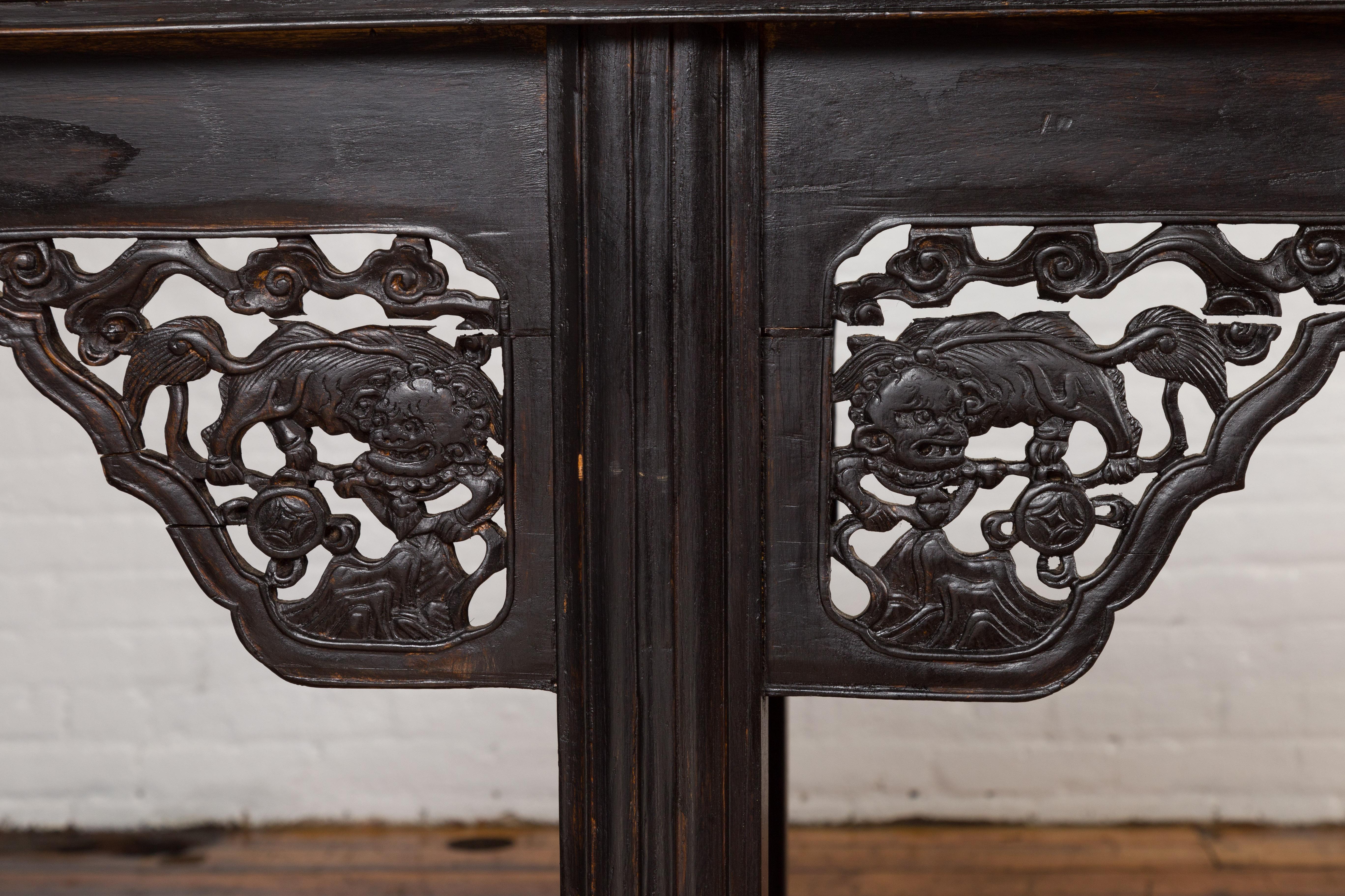 Antique Chinese Ming Style Altar Table with Carved Apron and Black Patina In Good Condition In Yonkers, NY