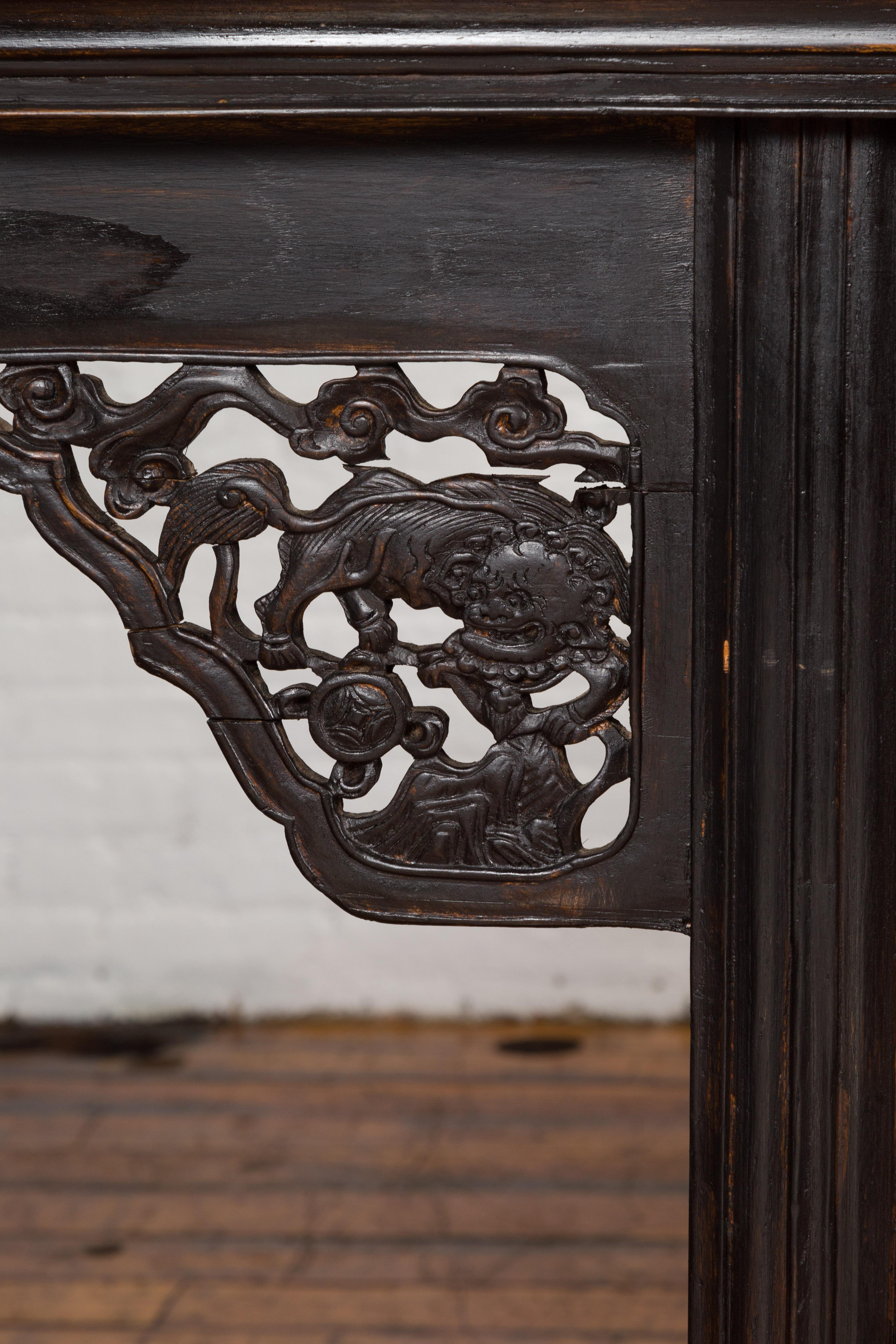 19th Century Antique Chinese Ming Style Altar Table with Carved Apron and Black Patina