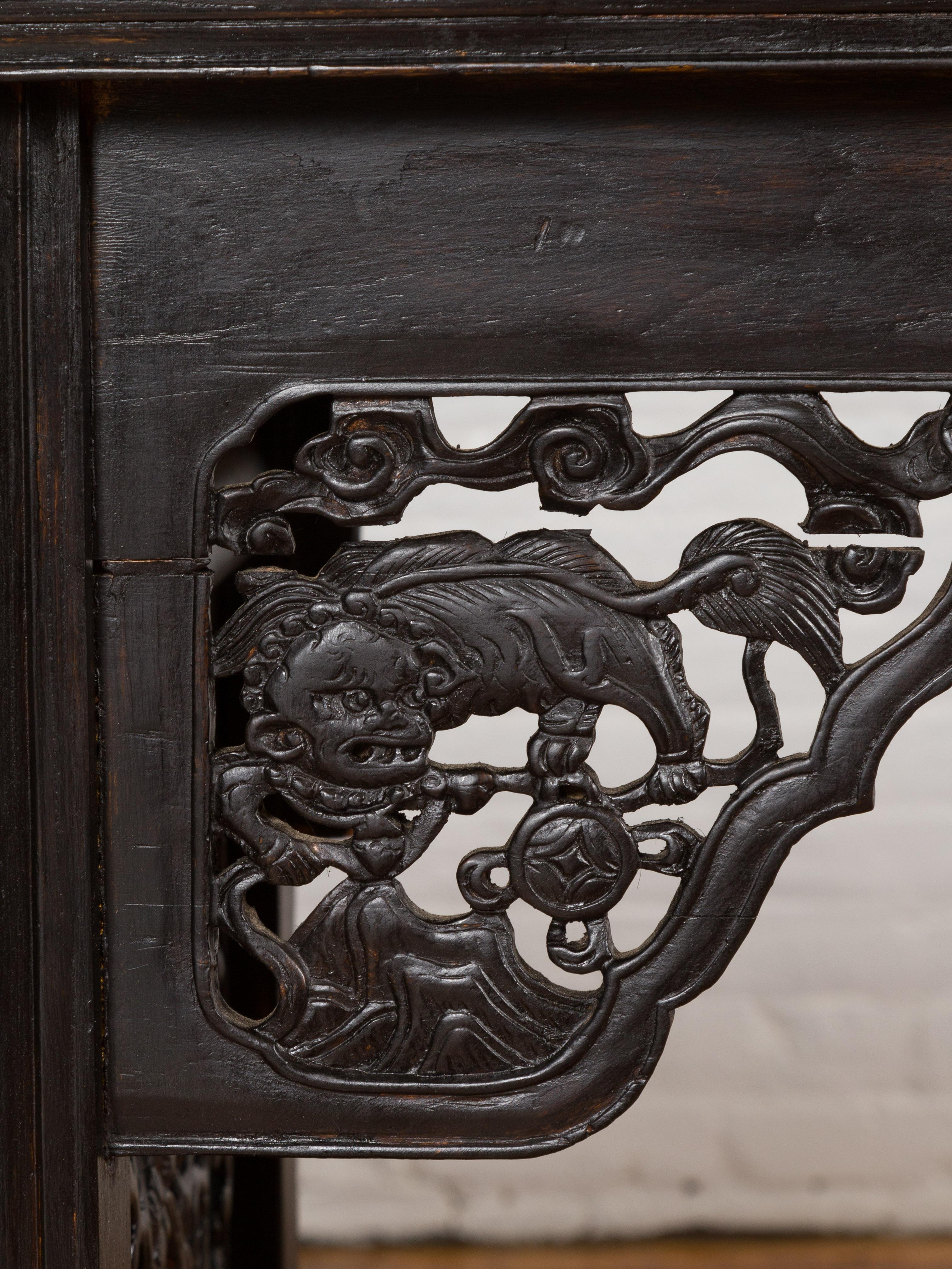 Wood Antique Chinese Ming Style Altar Table with Carved Apron and Black Patina