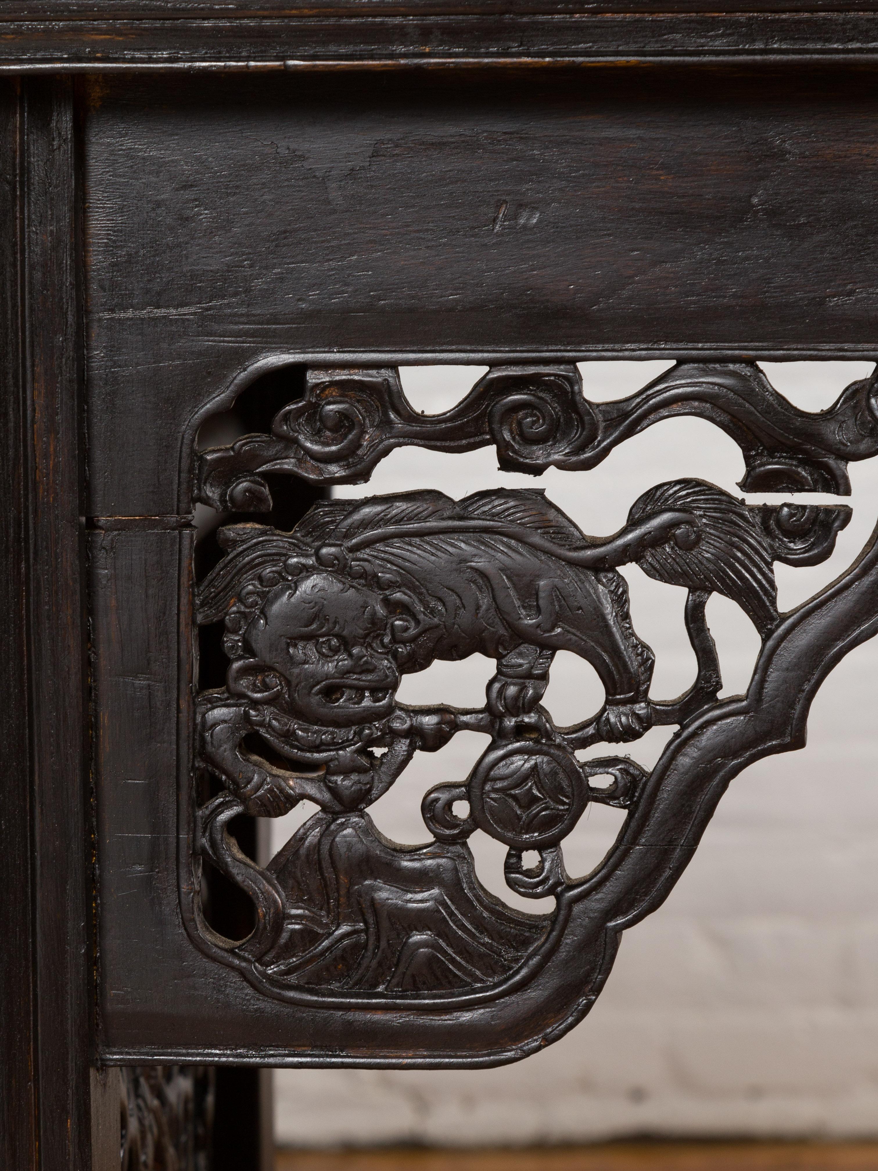 Wood Antique Chinese Ming Style Altar Table with Carved Apron and Black Patina For Sale