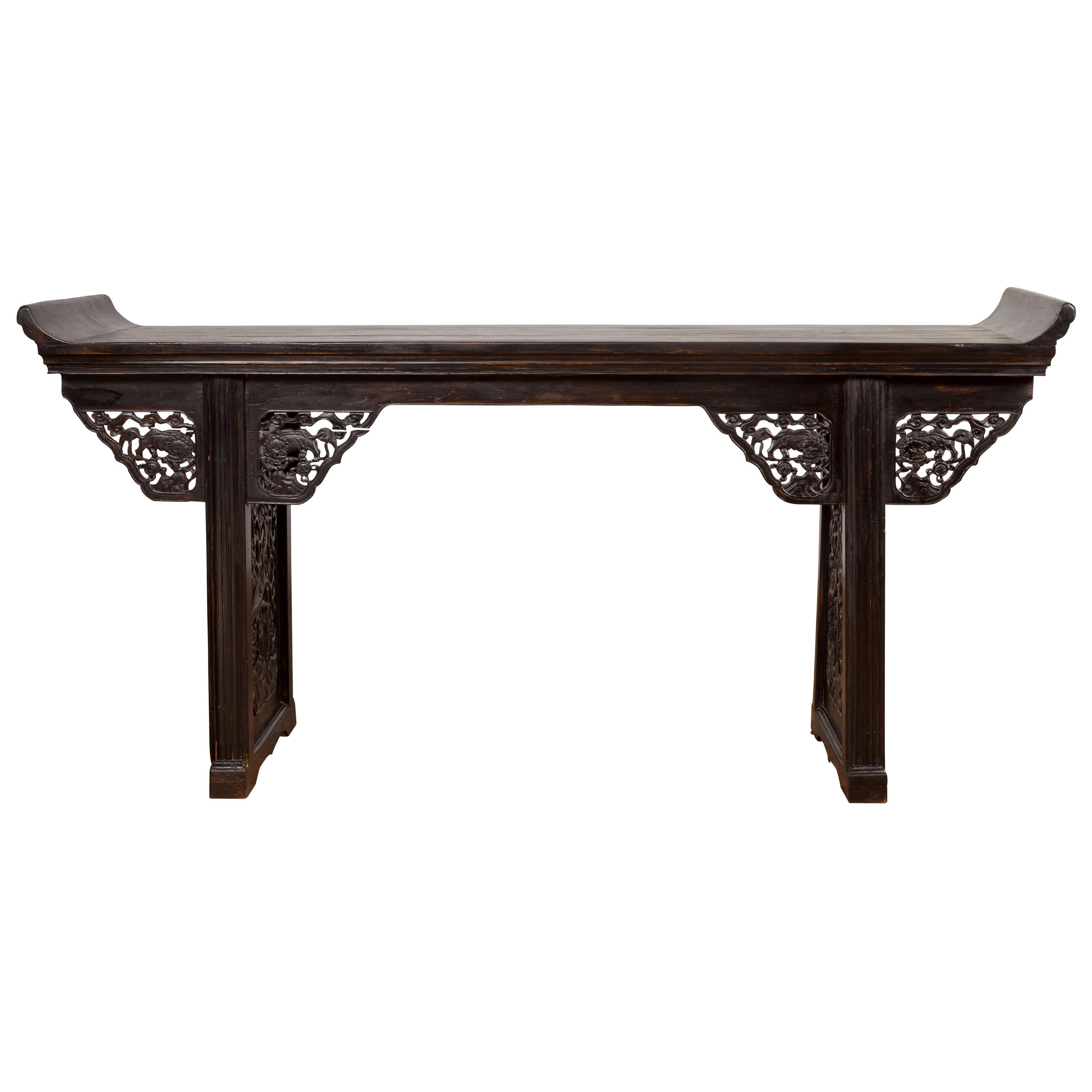 Antique Chinese Ming Style Altar Table with Carved Apron and Black Patina