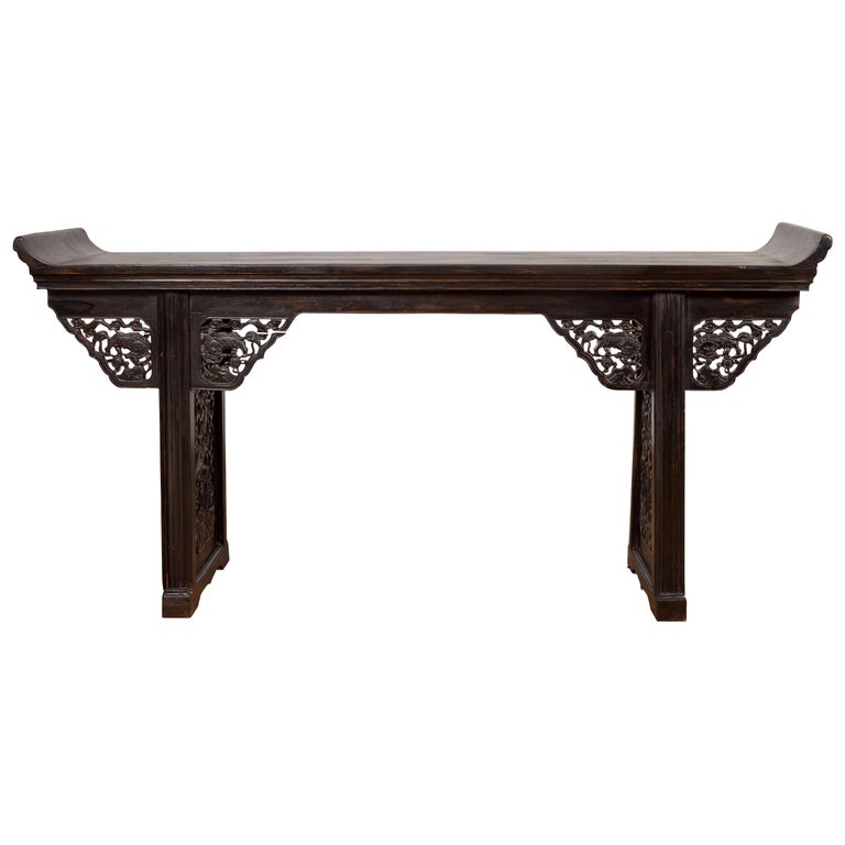 Antique Chinese Ming Style Altar Table with Carved Apron and Black Patina For Sale