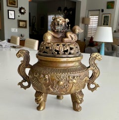 Antique Chinese Ming-Style Brass Foo Dog Incense Burner Sculpture