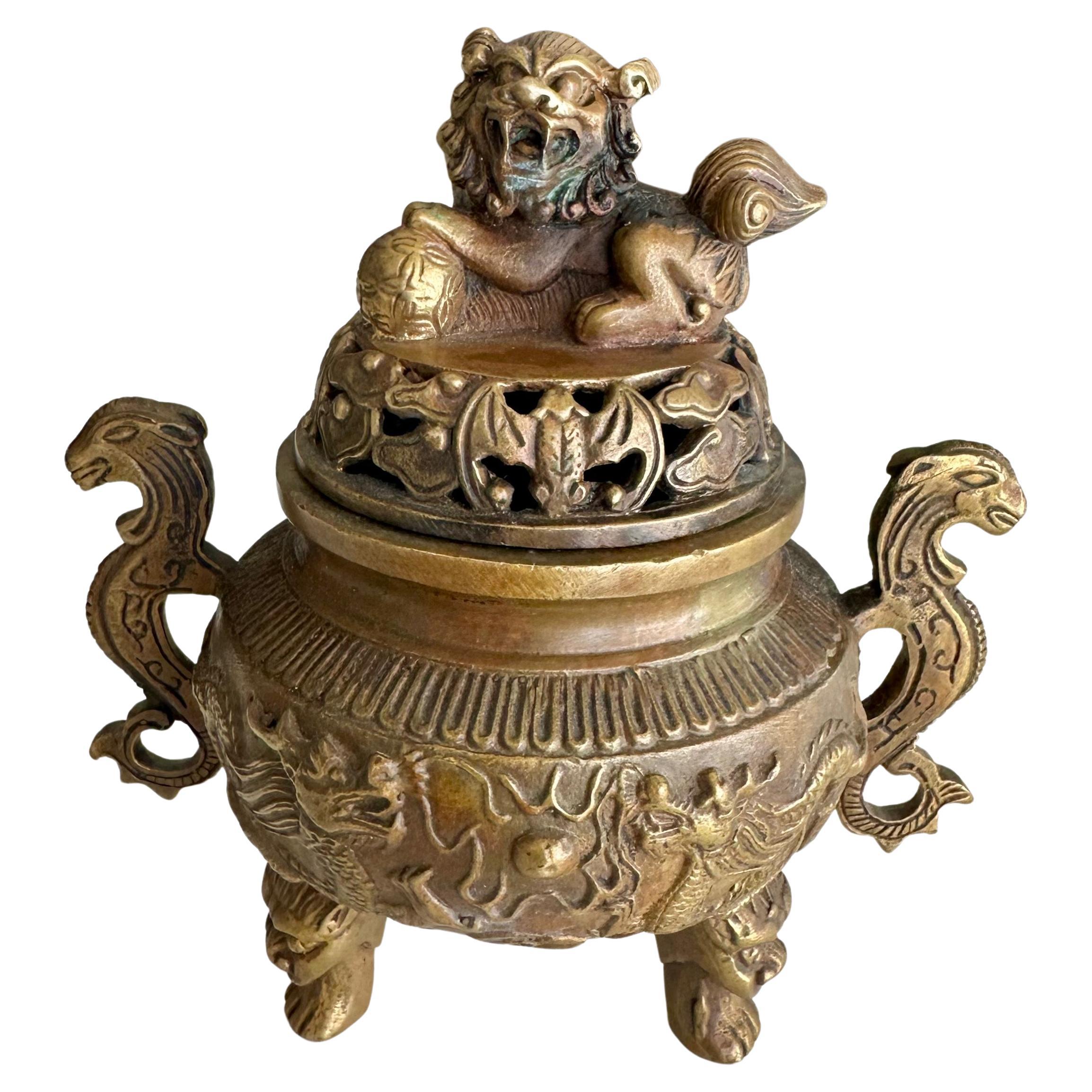 Antique Chinese Ming-Style Brass Foo Dog Incense Burner Sculpture