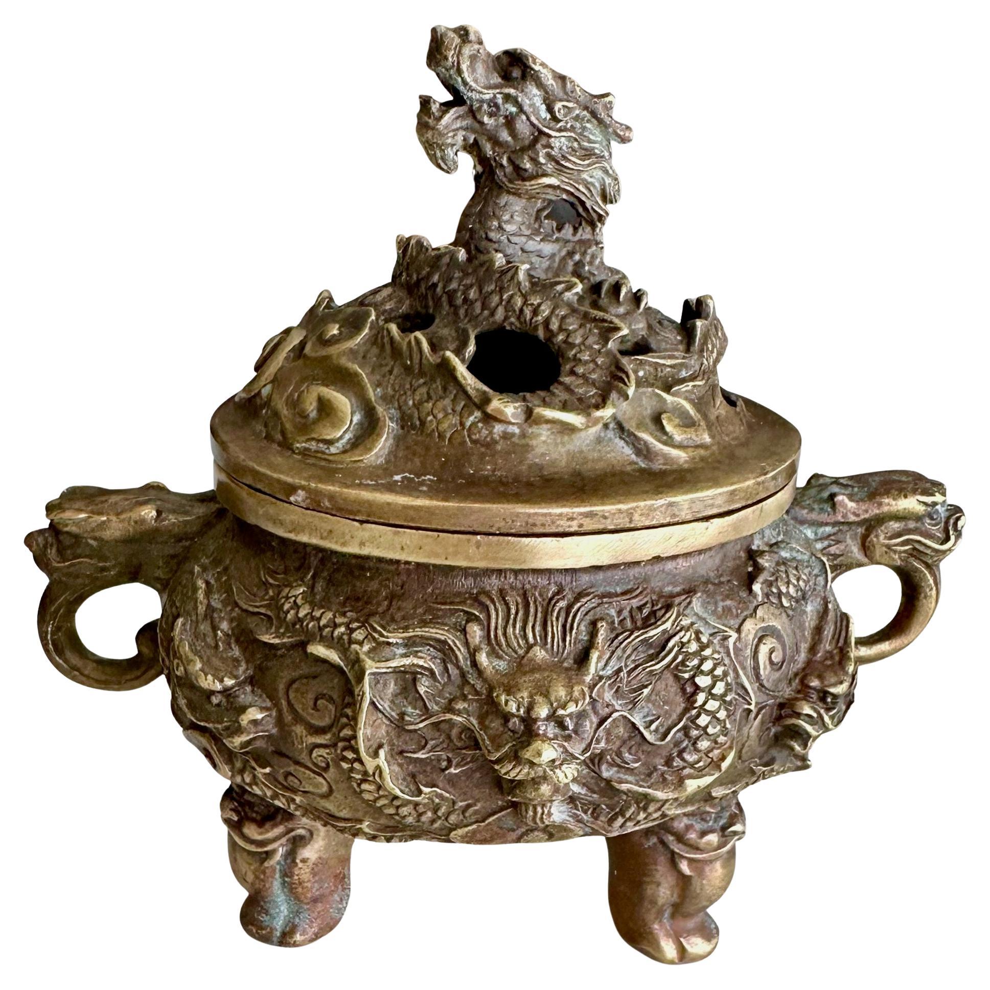 Antique Chinese Ming-Style Brass Dragon Incense Burner Sculpture