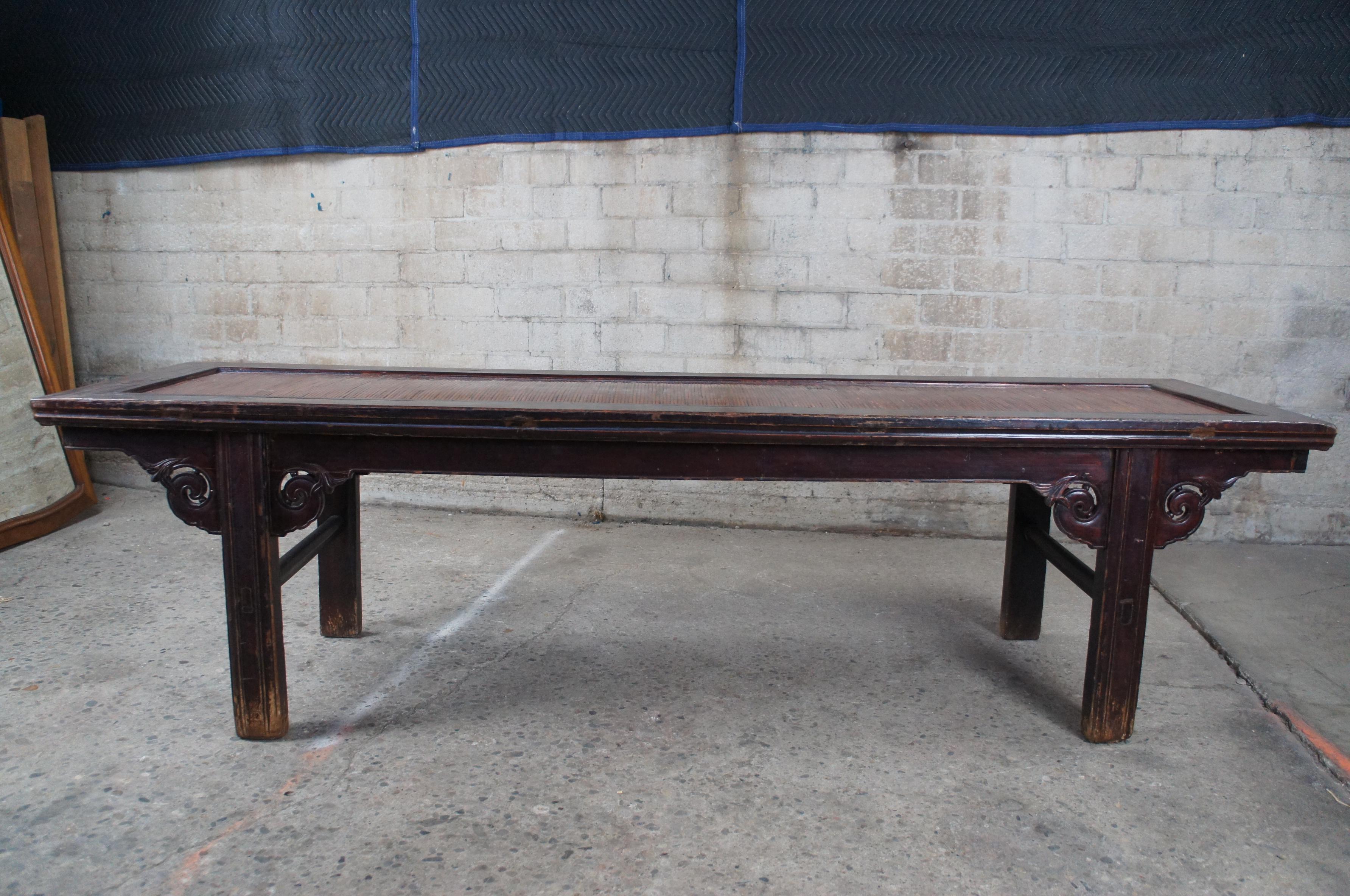 Antique Chinese Ming Style Carved Elm Split Reed Altar Bench Coffee Table  For Sale 7