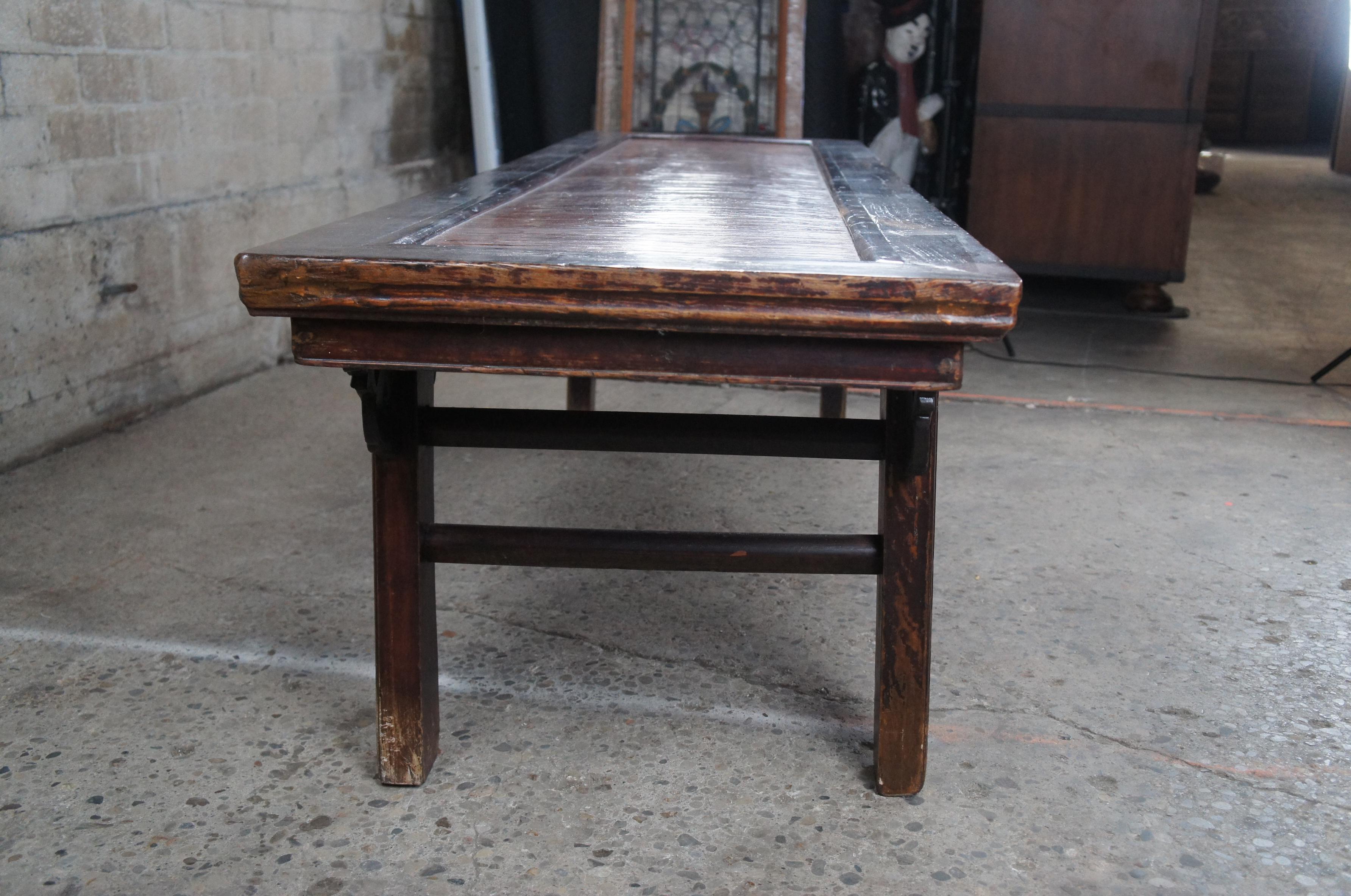 Antique Chinese Ming Style Carved Elm Split Reed Altar Bench Coffee Table  For Sale 8