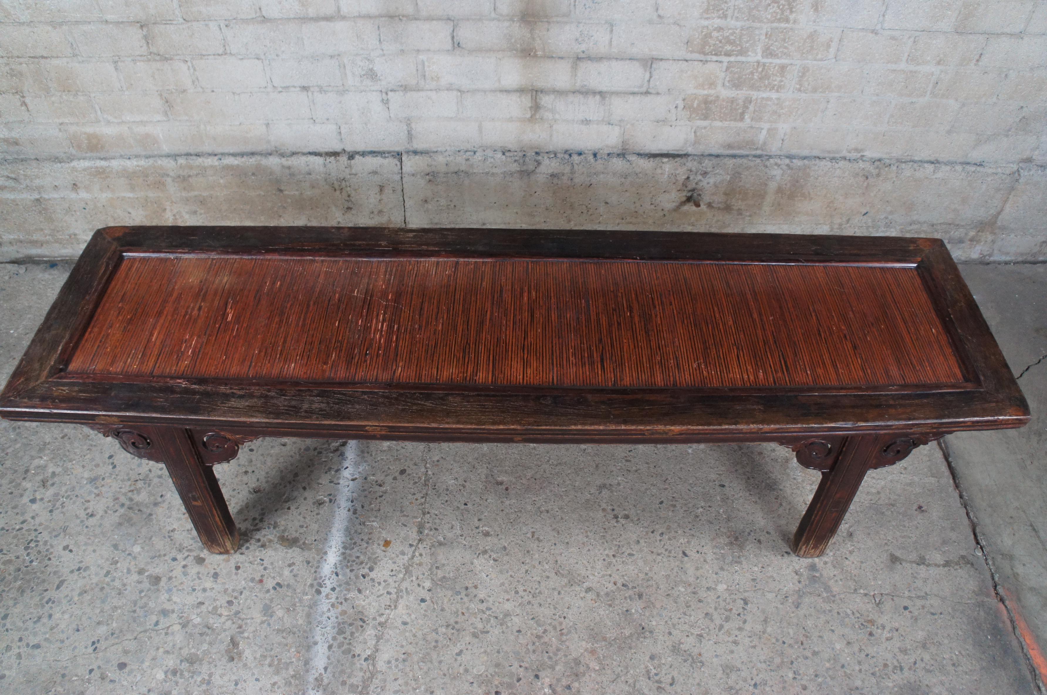 19th Century Antique Chinese Ming Style Carved Elm Split Reed Altar Bench Coffee Table  For Sale