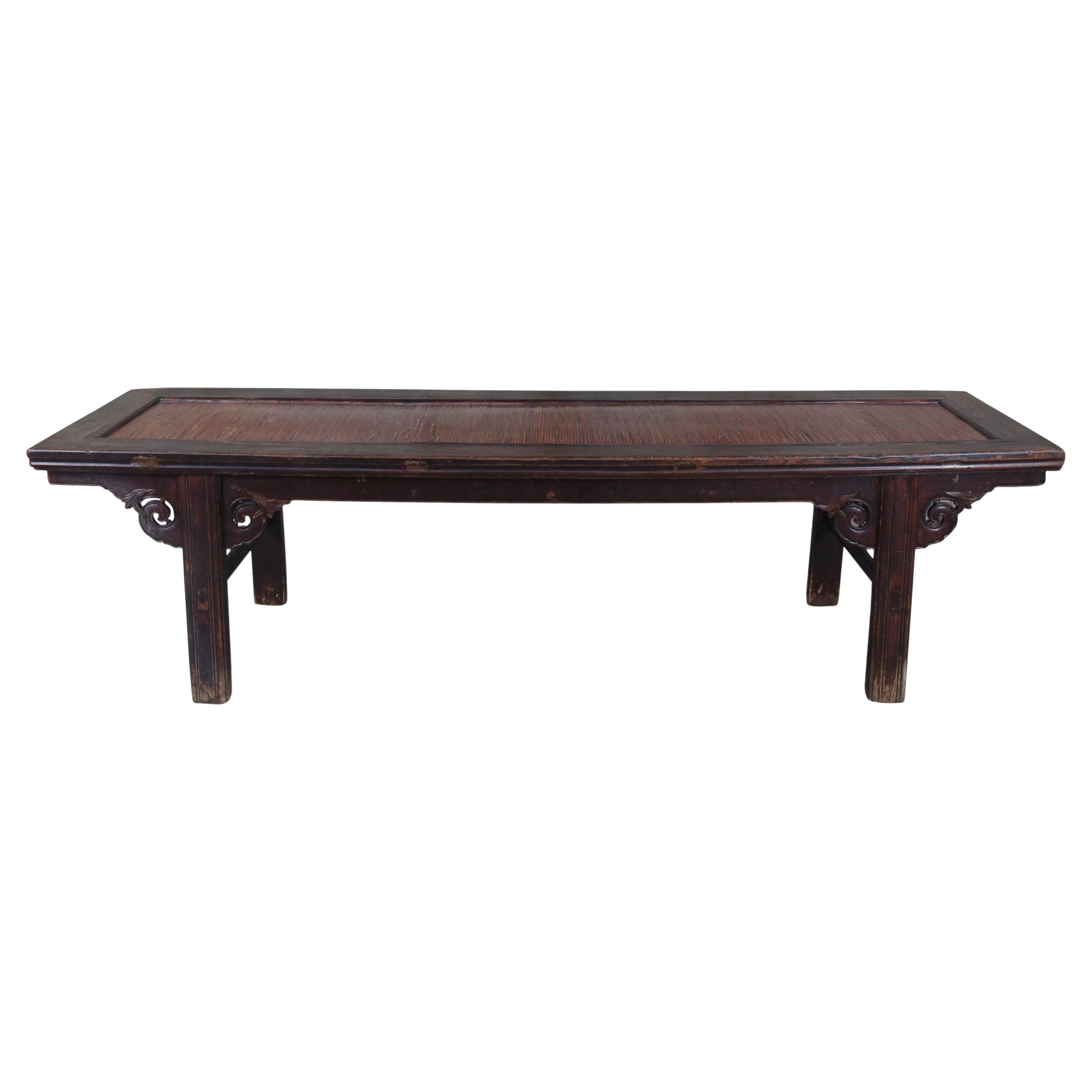 Antique Chinese Ming Style Carved Elm Split Reed Altar Bench Coffee Table  For Sale