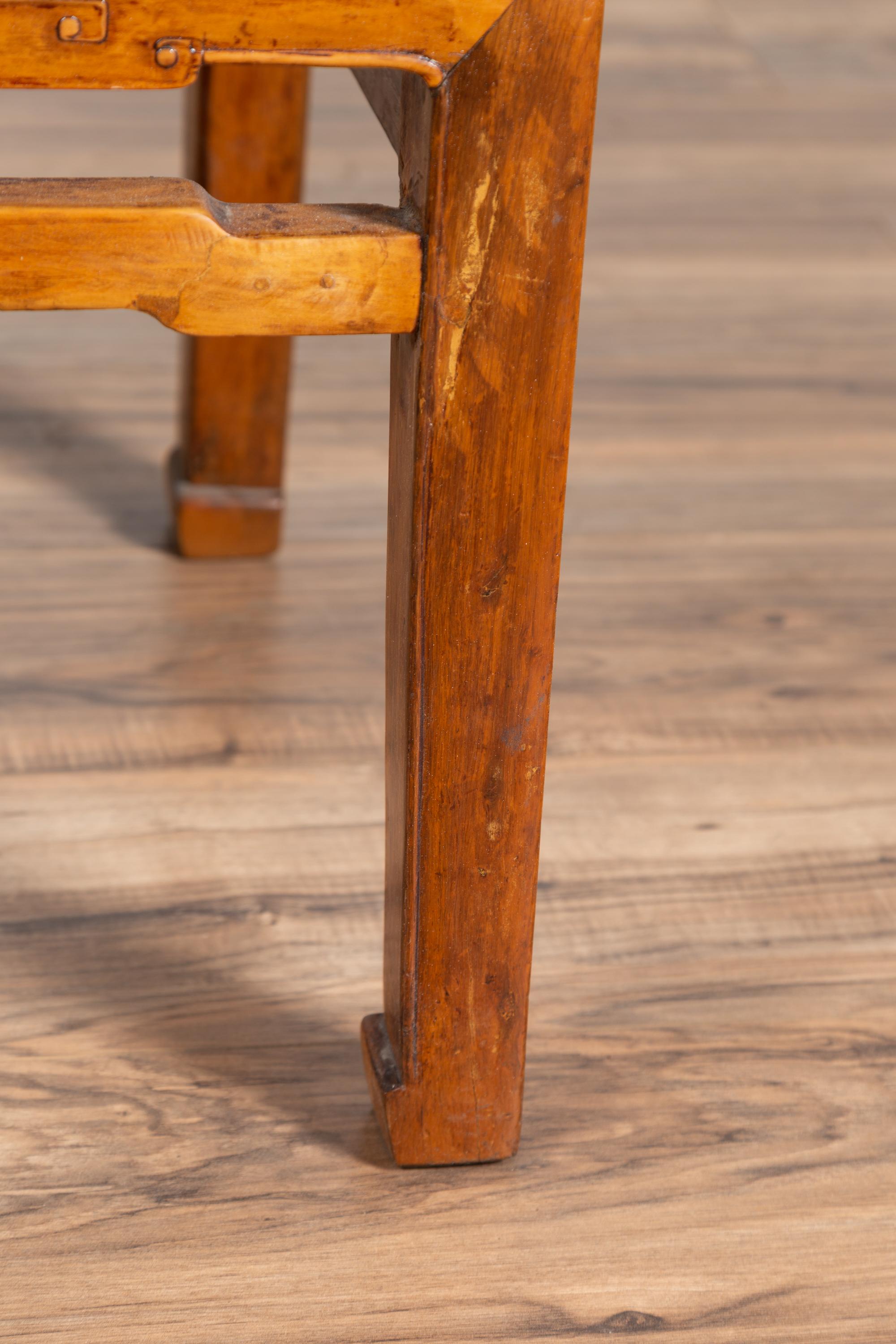 Antique Ming Style Elmwood Waisted Side Table with Horsehoof Legs, Carved Apron In Good Condition In Yonkers, NY
