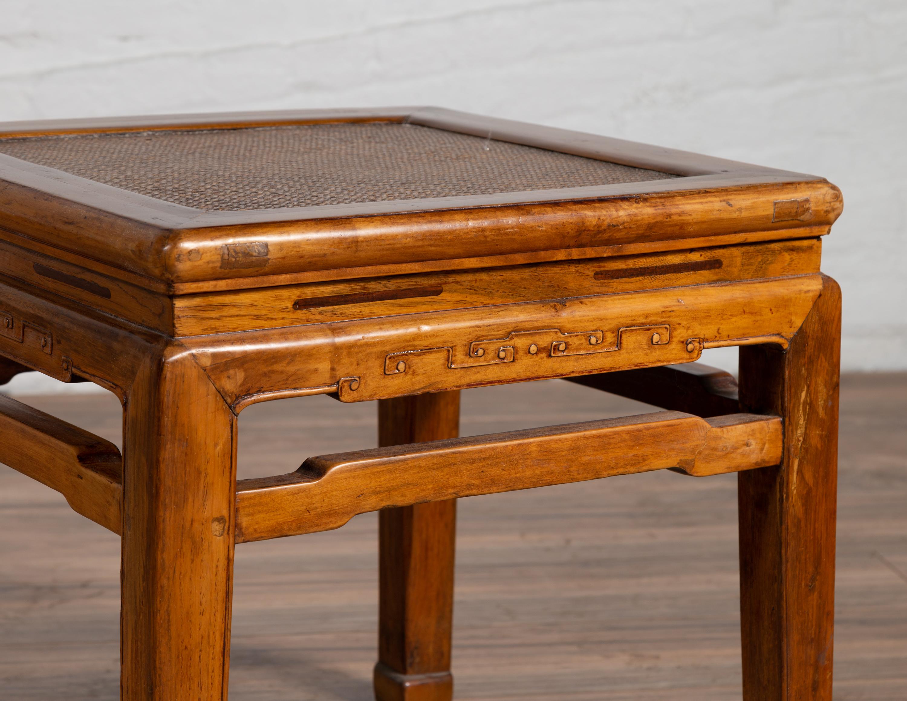 Rattan Antique Chinese Ming Style Elmwood Waisted Side Table with Horsehoof Legs For Sale