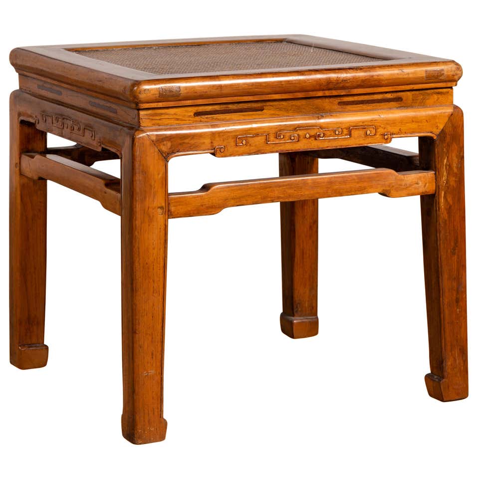 Ming Stool Antique Chinese Ming Style Waisted Stool with Horsehoof Legs and Rattan ...