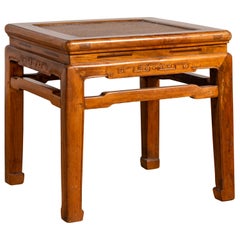 Antique Ming Style Elmwood Waisted Side Table with Horsehoof Legs, Carved Apron