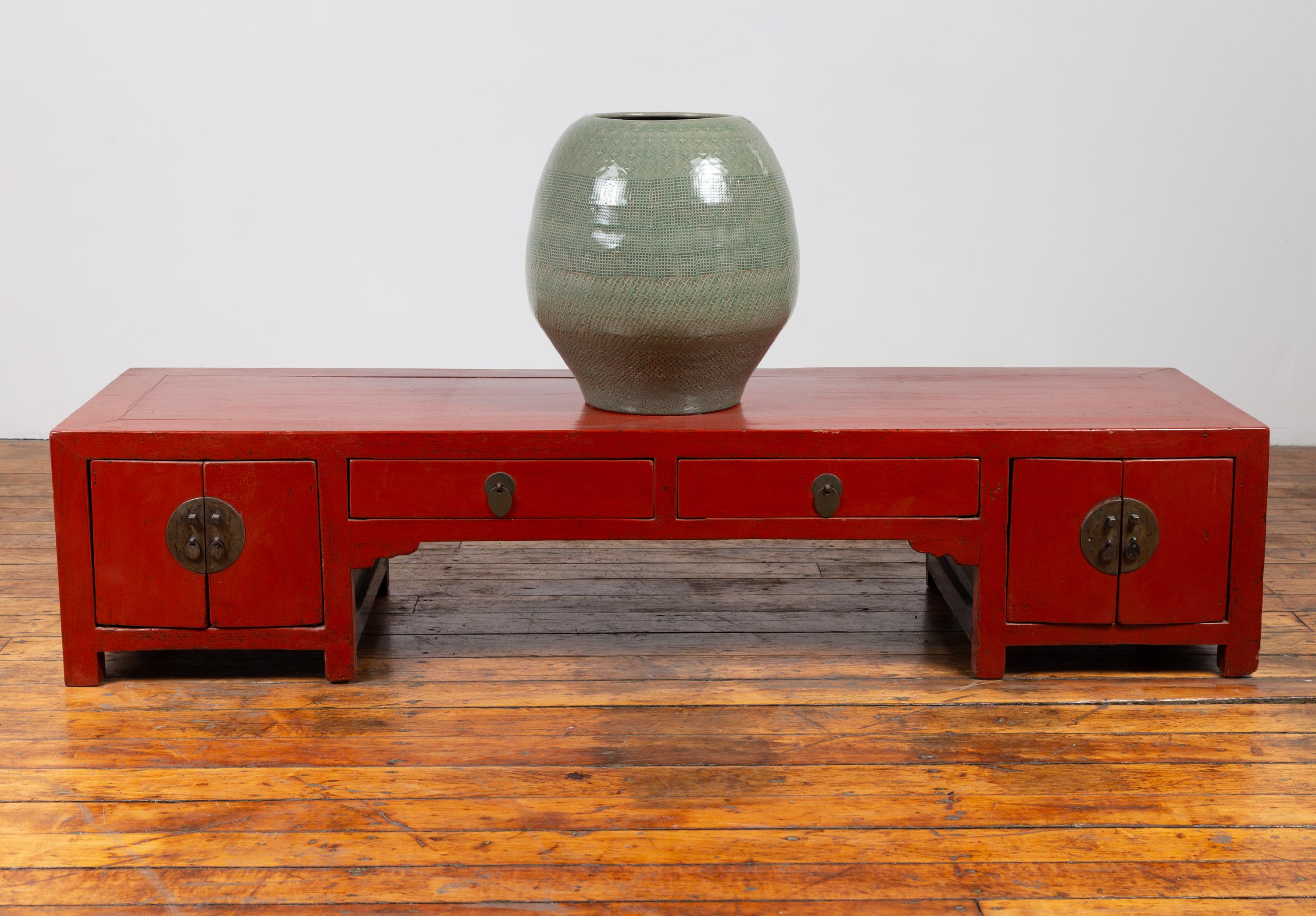 Antique Chinese Ming Style Red Lacquered Low Kang Cabinet with Doors and Drawers 7