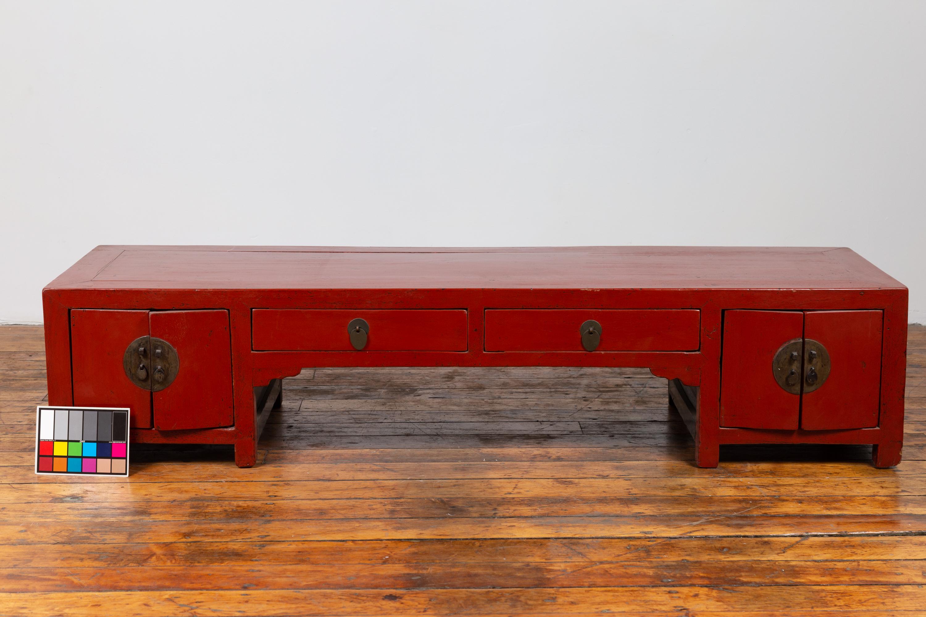 Antique Chinese Ming Style Red Lacquered Low Kang Cabinet with Doors and Drawers 8