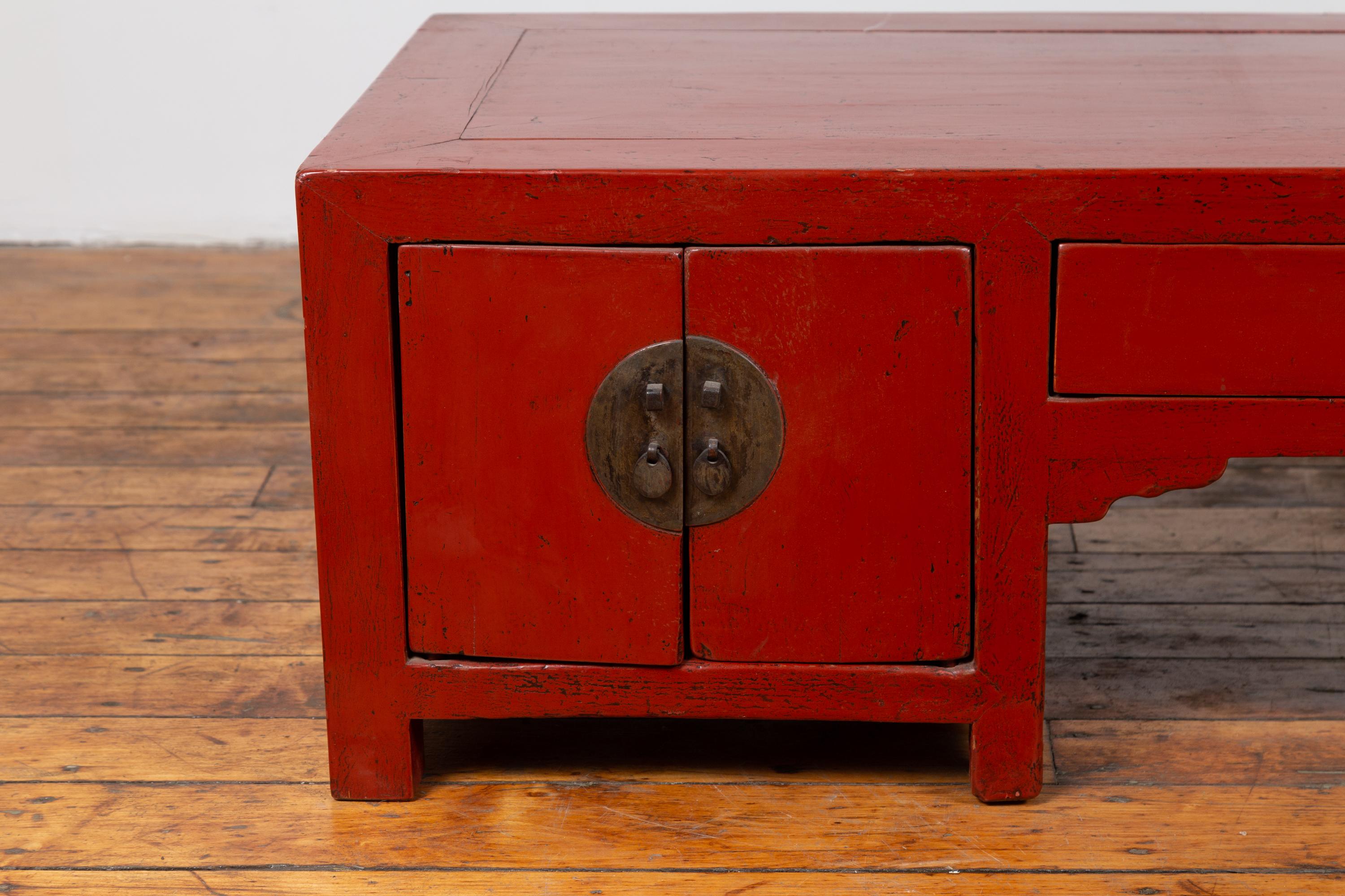 Antique Chinese Ming Style Red Lacquered Low Kang Cabinet with Doors and Drawers In Good Condition In Yonkers, NY