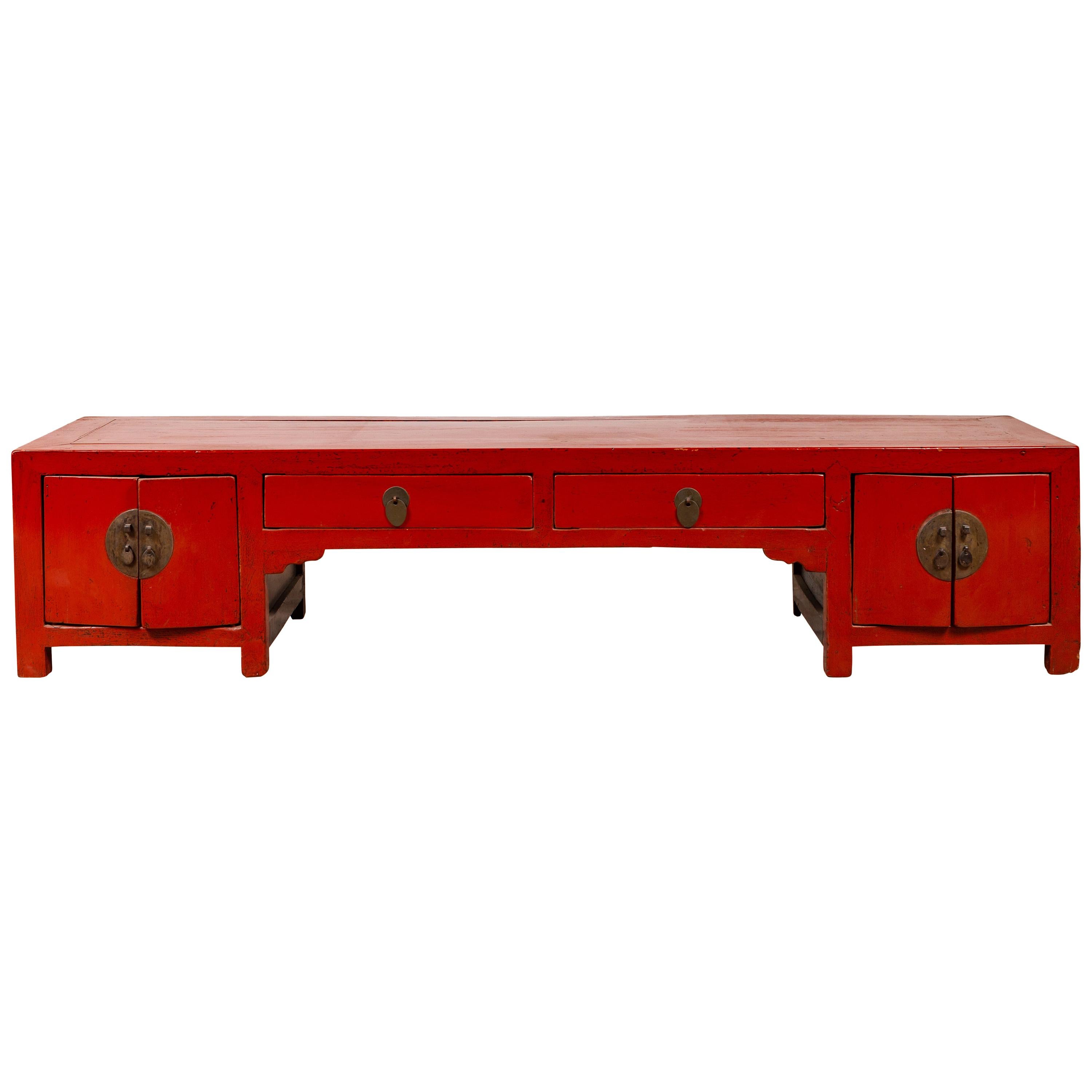 Antique Chinese Ming Style Red Lacquered Low Kang Cabinet with Doors and Drawers