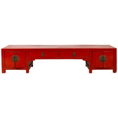 Antike chinesische Ming-Stil rot lackiert Low Kang Kabinett mit Türen und Schubladen