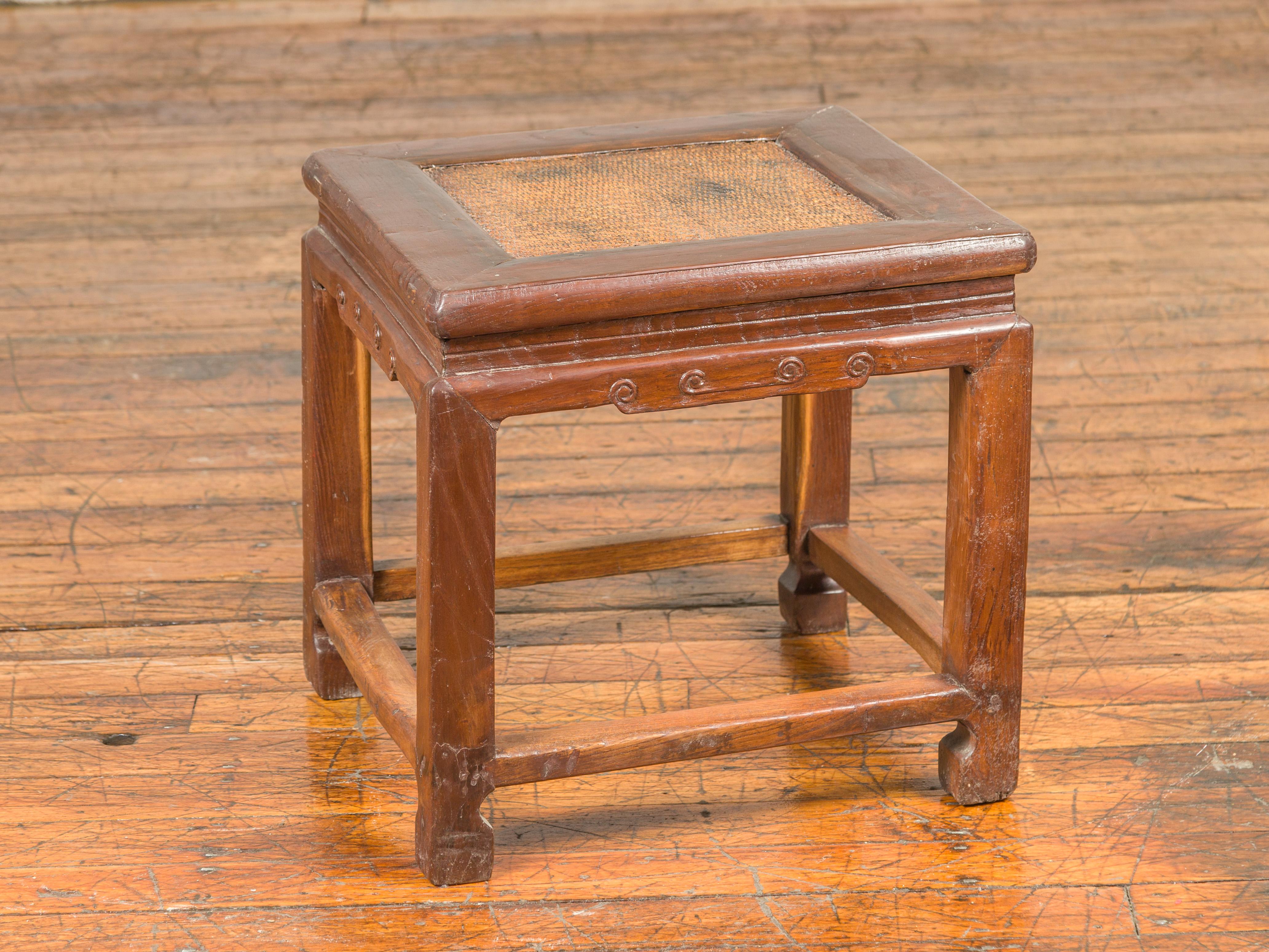 Antique Ming Style Waisted Stool with Horsehoof Legs and Rattan Inset 2